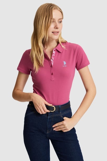 Kadın Fuşya Polo Yaka Basic Tişört