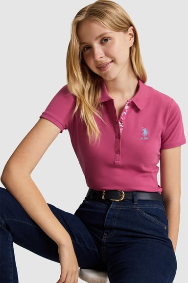 Kadın Fuşya Polo Yaka Basic Tişört