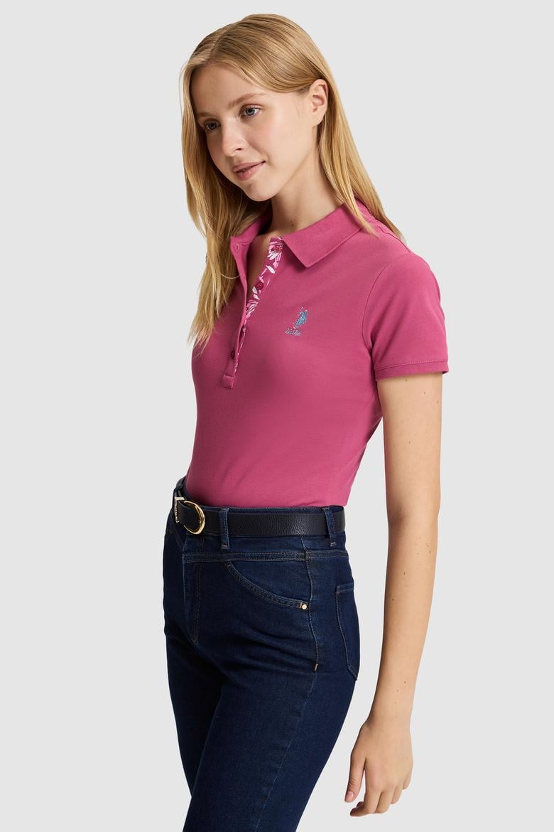 Kadın Fuşya Polo Yaka Basic Tişört - 50321798061