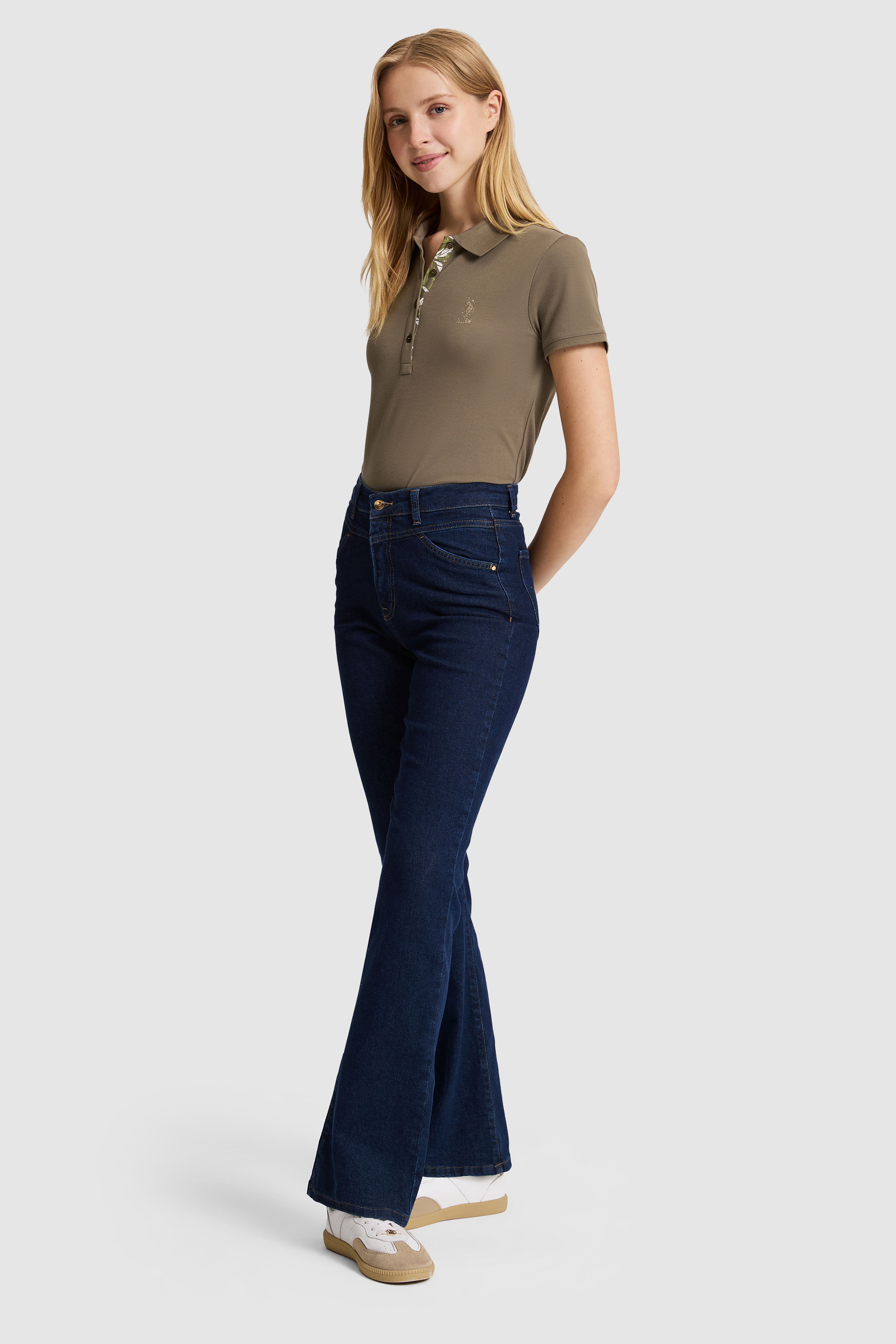 Kadın Haki Polo Yaka Basic Tişört - Image 4