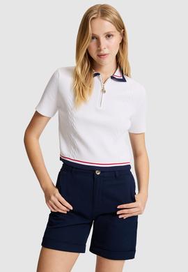 Kadın Beyaz Polo Yaka Yarım Fermuarlı Triko Tişört - 50324593002
