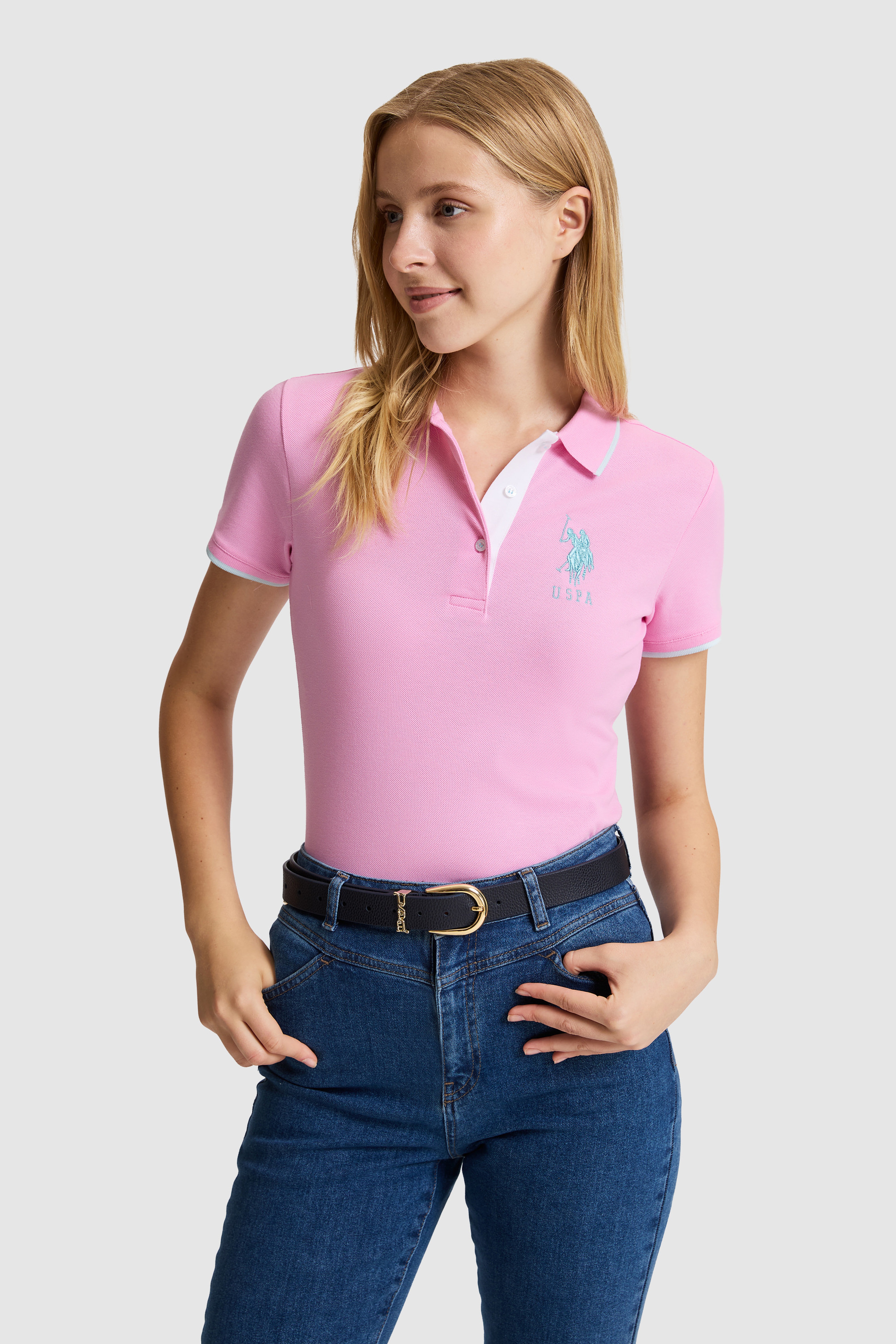 Kadın Pembe Polo Yaka Tişört - Image 1