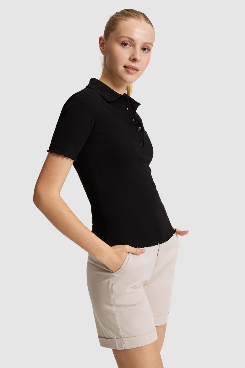 Kadın Siyah Polo Yaka Tişört - 50323563013