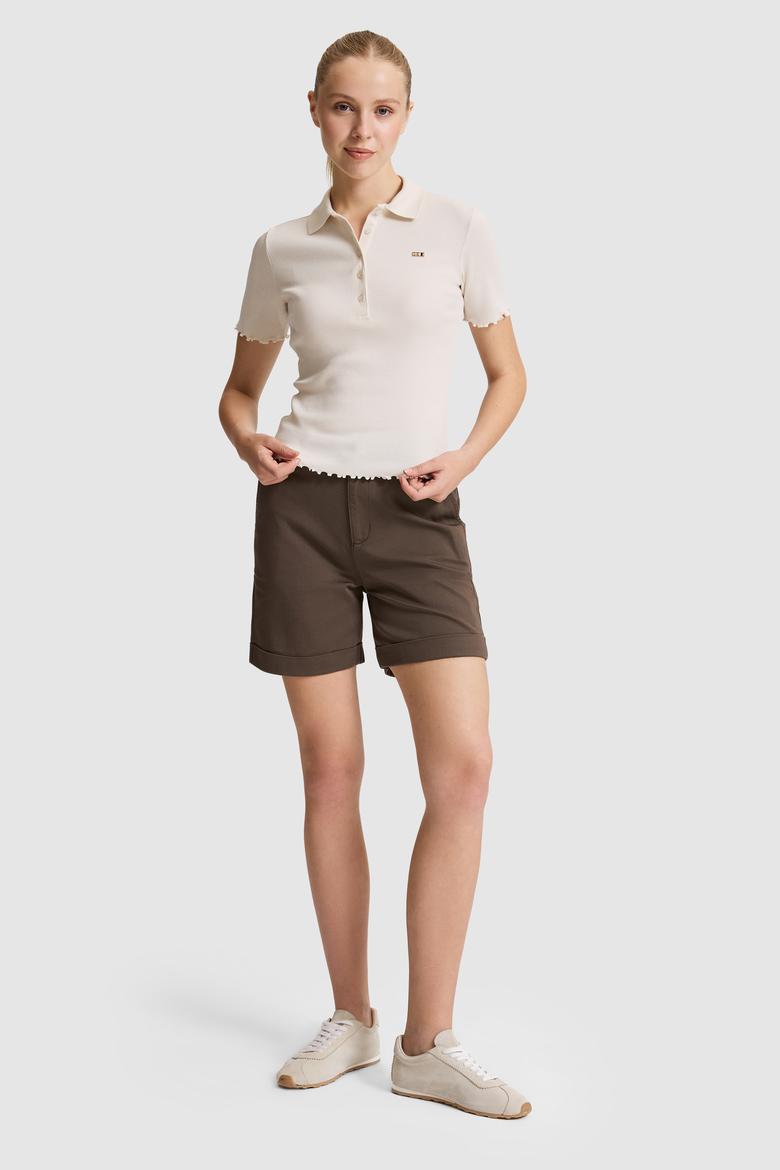 Kadın Krem Polo Yaka Tişört - 50323563028