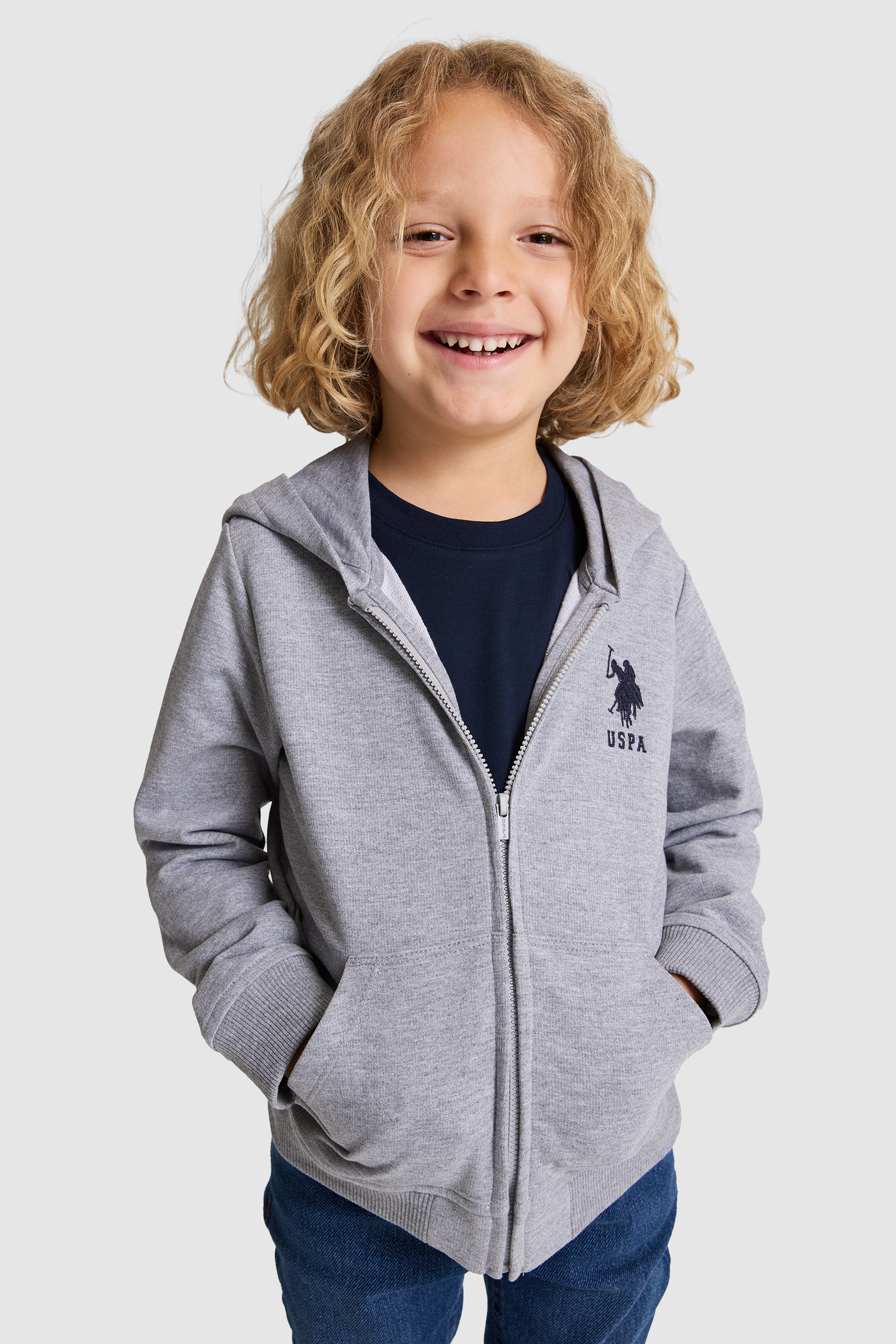 Erkek Çocuk Gri Melanj Kapüşonlu İnce Fermuarlı Basic Sweatshirt - Image 1