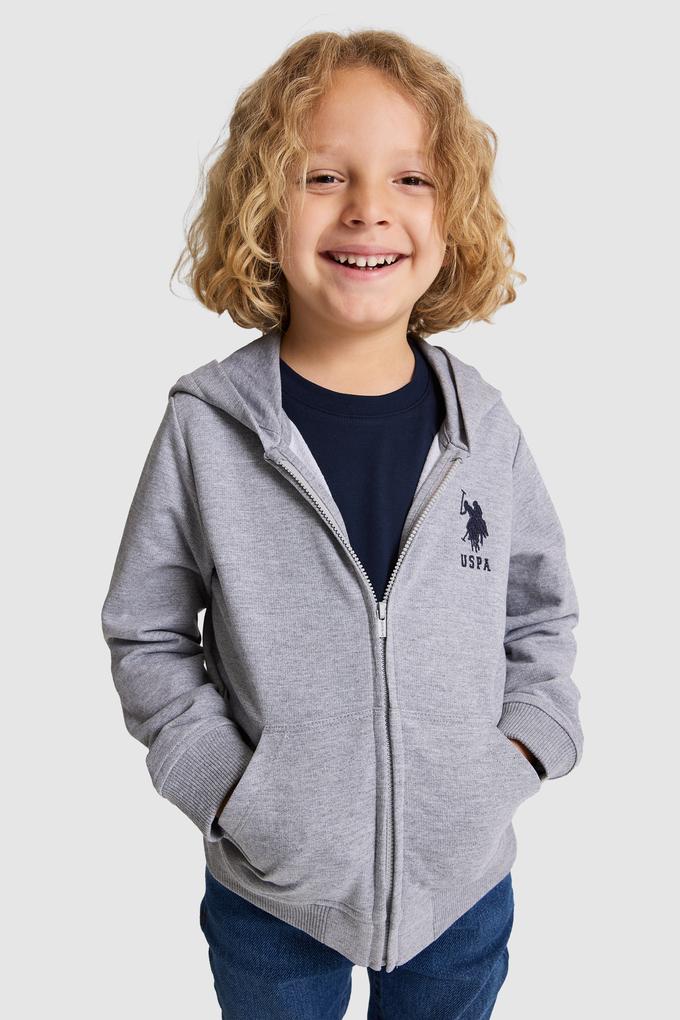 Erkek Çocuk Gri Melanj Kapüşonlu İnce Fermuarlı Basic Sweatshirt
