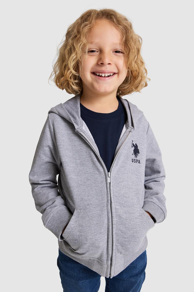 Erkek Çocuk Gri Melanj Kapüşonlu İnce Fermuarlı Basic Sweatshirt