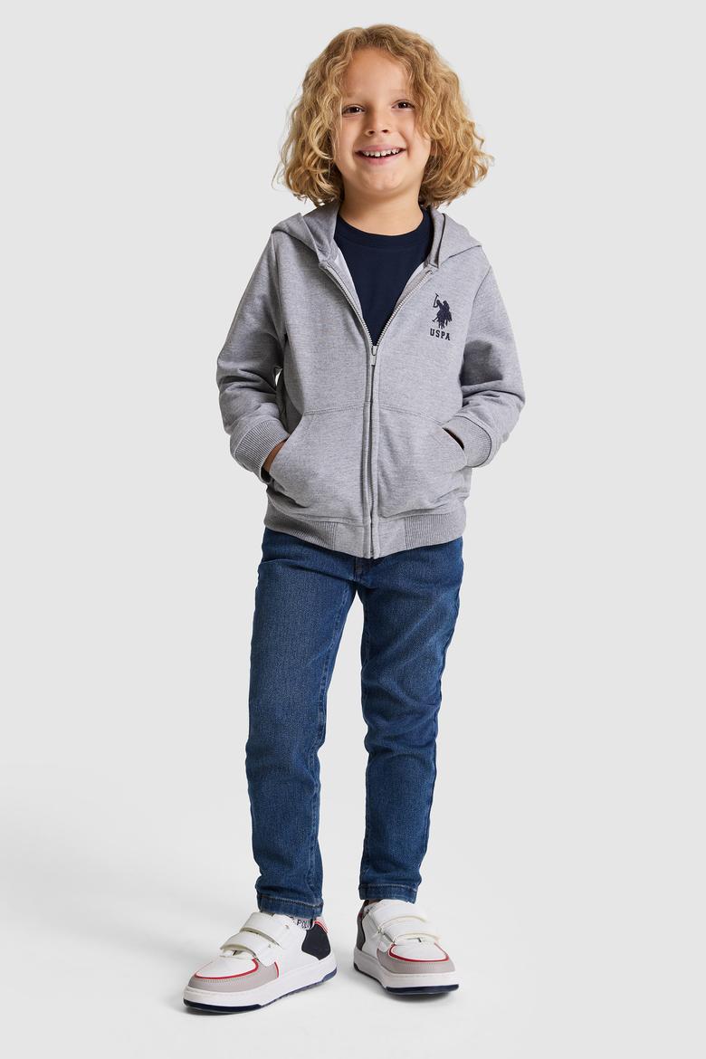 Erkek Çocuk Gri Melanj Kapüşonlu İnce Fermuarlı Basic Sweatshirt - 50320440041