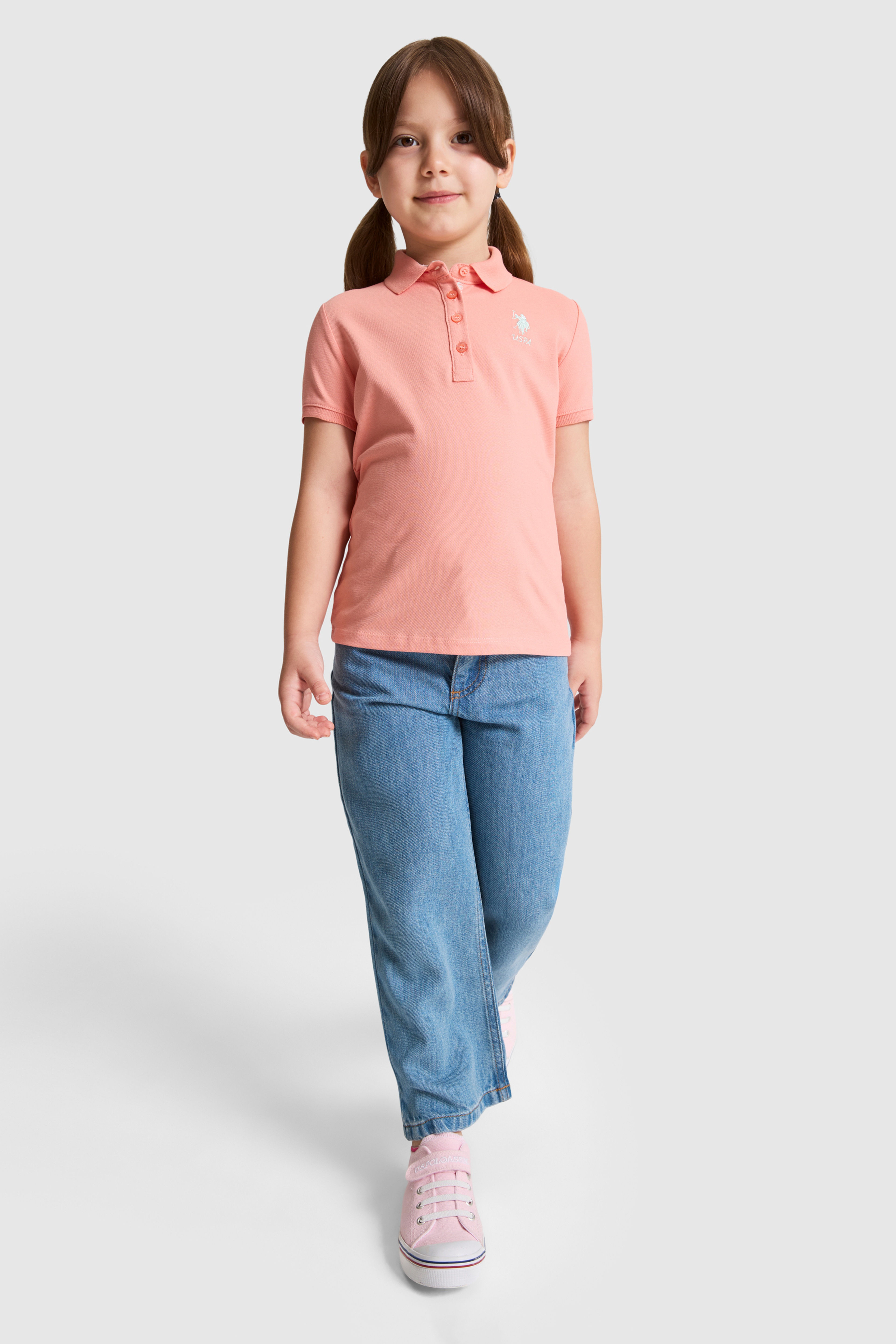 Kız Çocuk Somon Polo Yaka Basic Tişört - Image 4