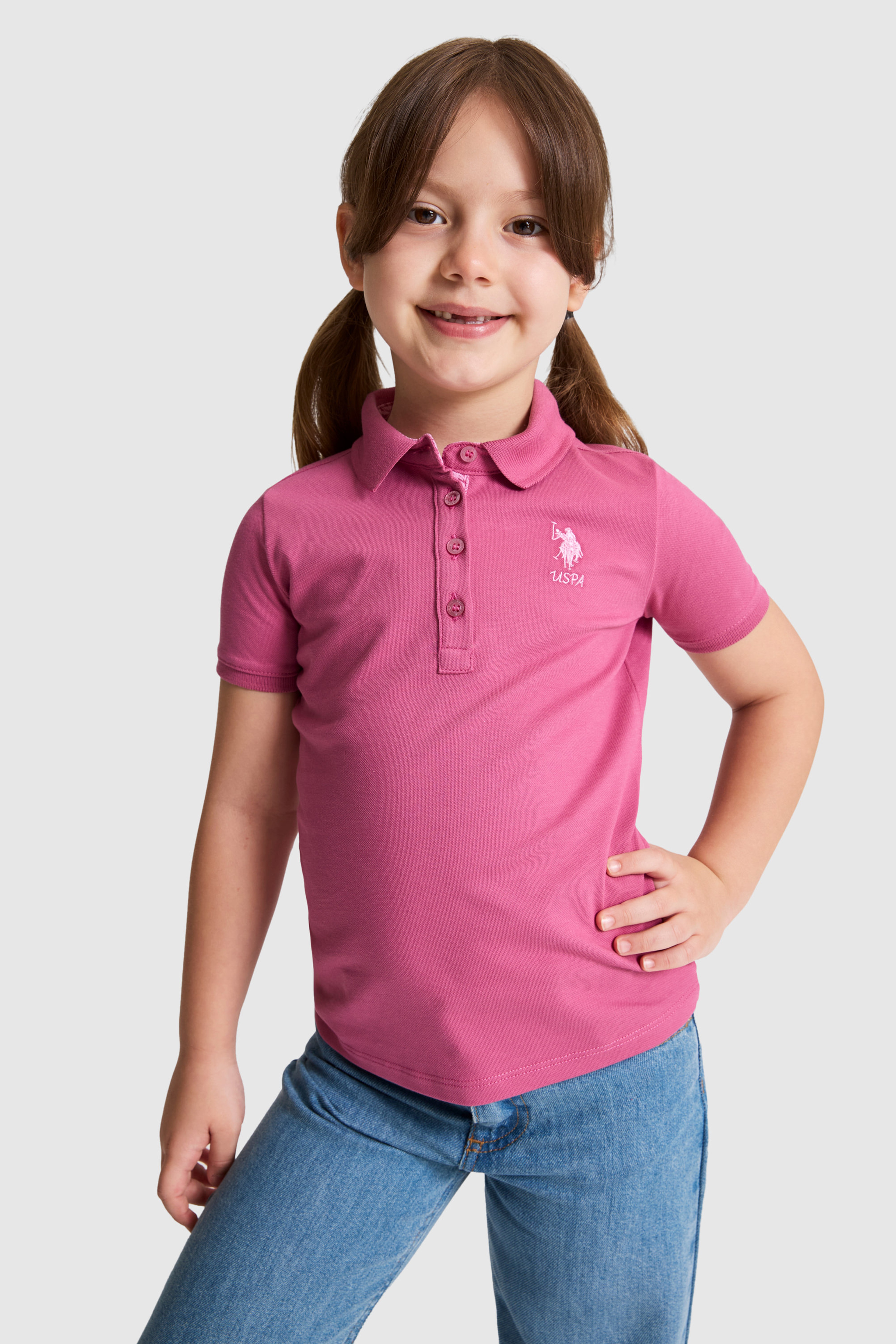 Kız Çocuk Fuşya Polo Yaka Basic Tişört - Image 1