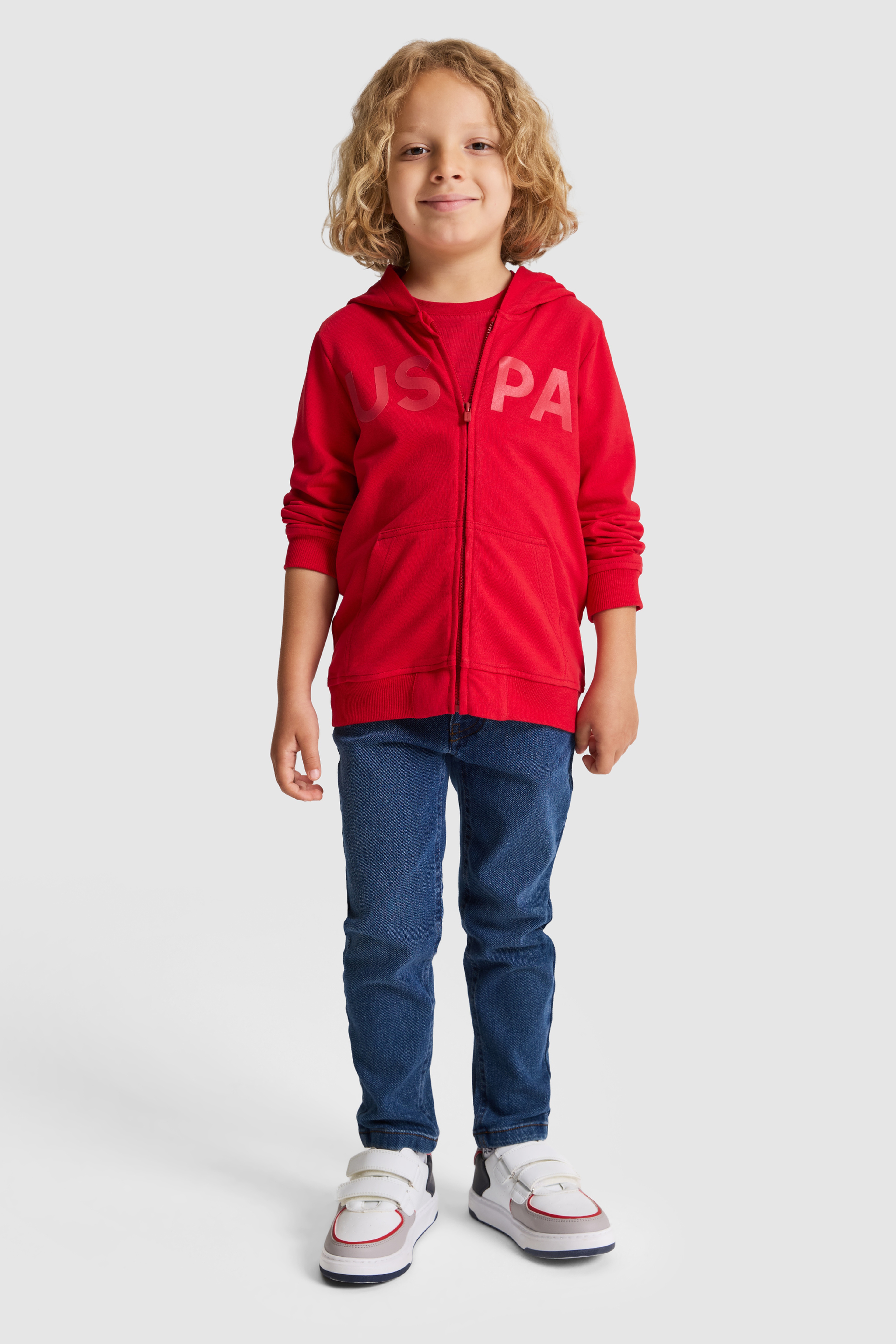 Erkek Çocuk Kırmızı Kapüşonlu Fermuarlı Basic Sweatshirt - Image 4