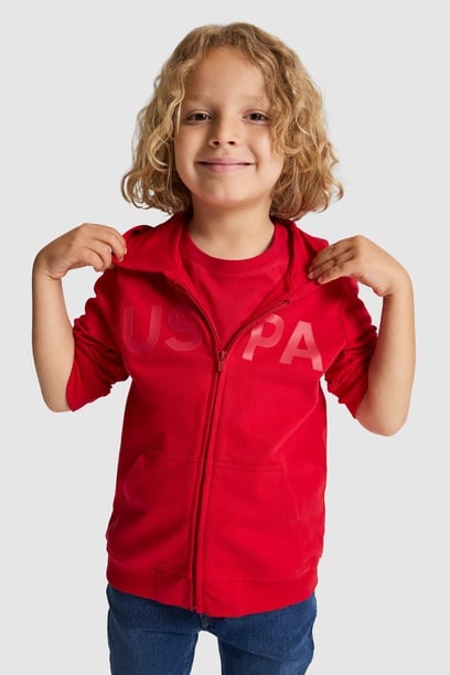 Erkek Çocuk Kırmızı Kapüşonlu Fermuarlı Basic Sweatshirt