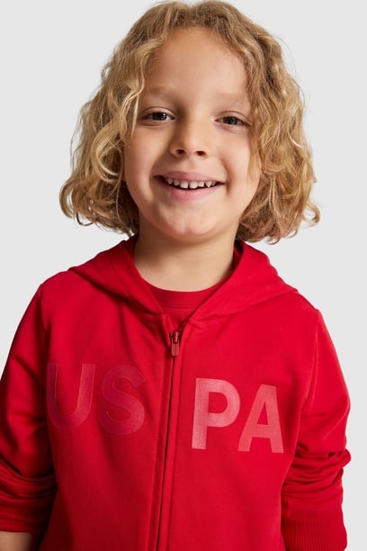 Erkek Çocuk Kırmızı Kapüşonlu Fermuarlı Basic Sweatshirt