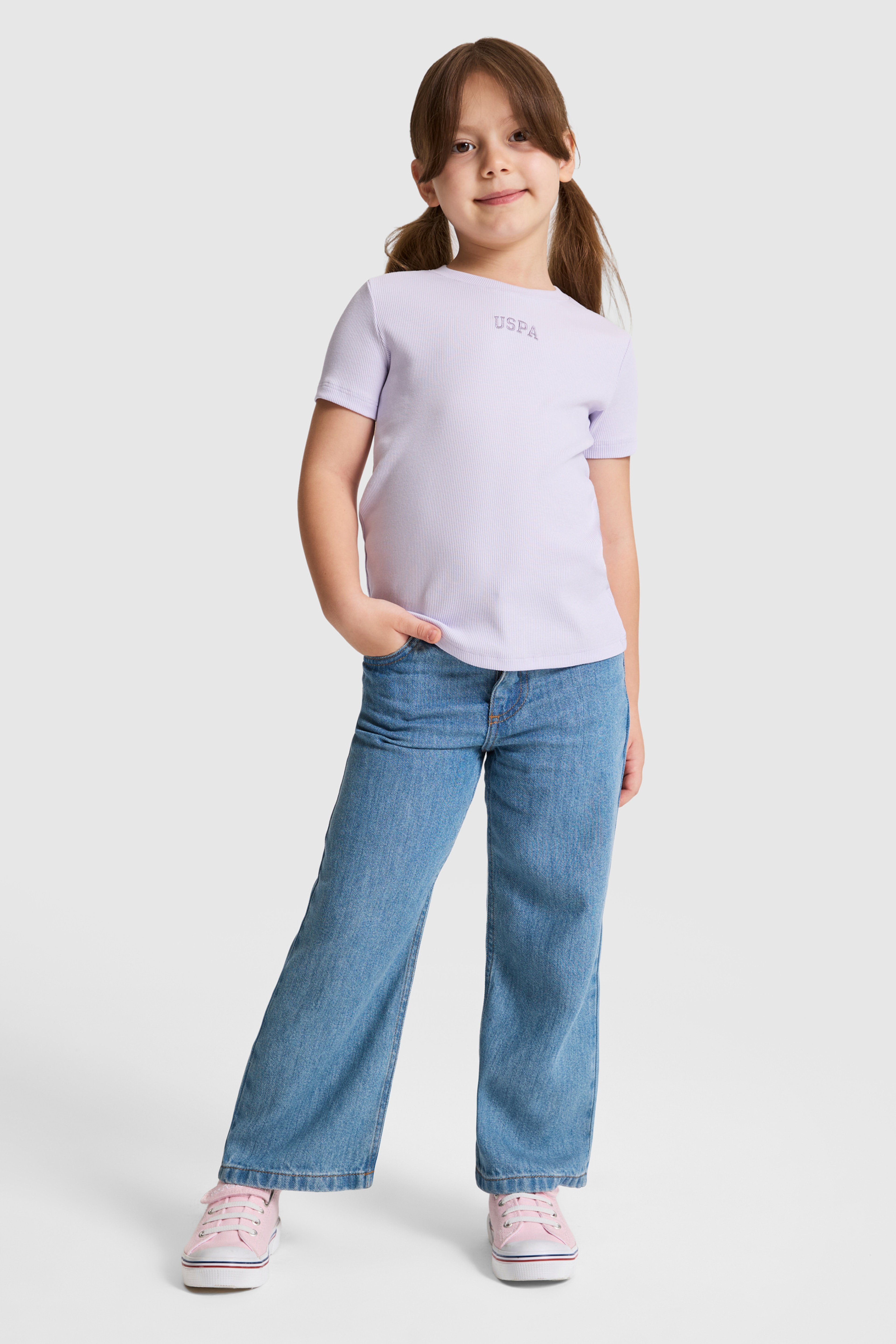 Kız Çocuk Lila Bisiklet Yaka Basic Tişört - Image 4