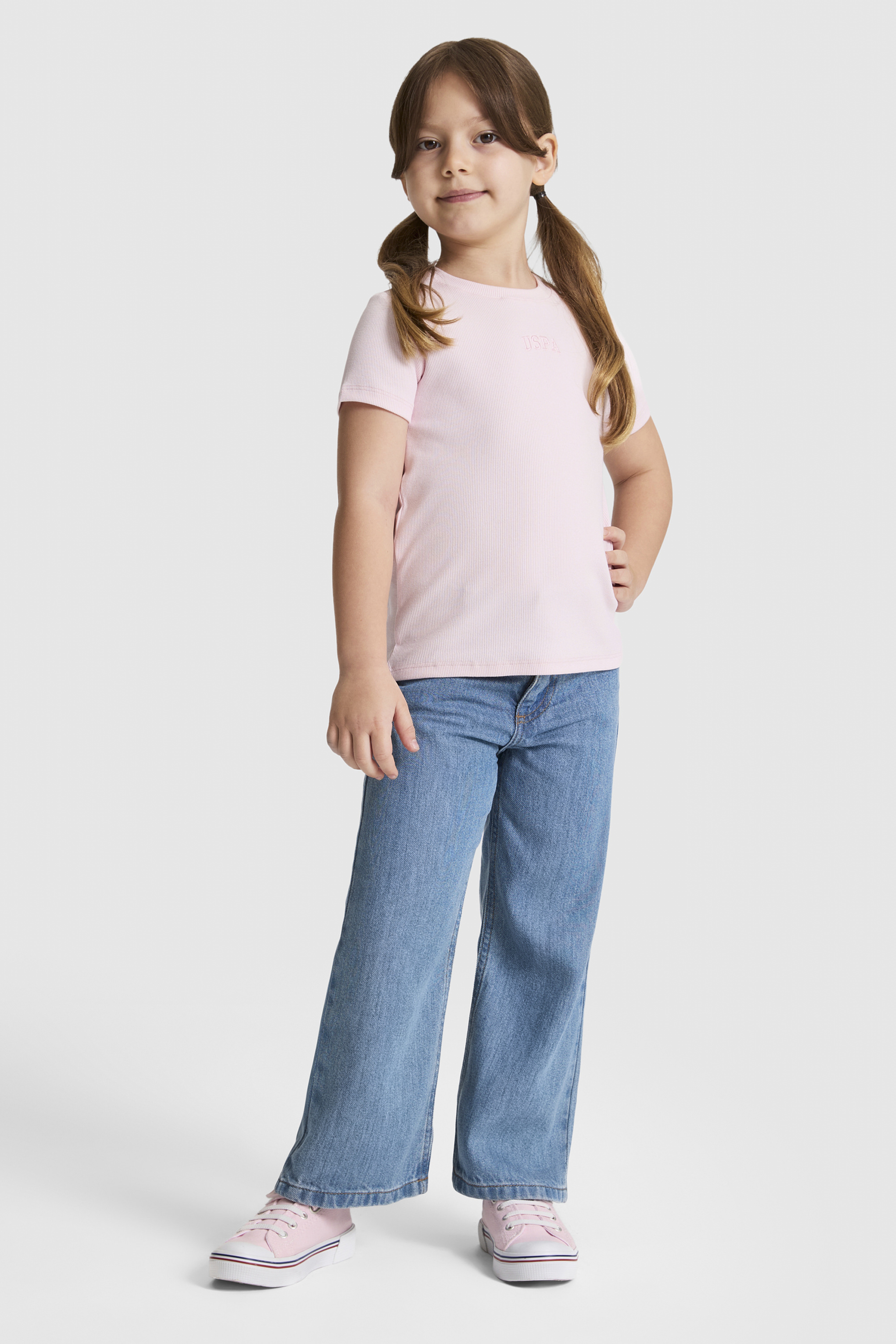 Kız Çocuk Açık Pembe Bisiklet Yaka Basic Tişört