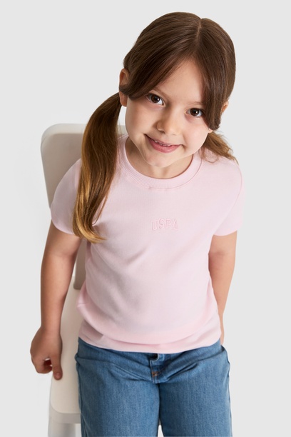 Kız Çocuk Açık Pembe Bisiklet Yaka Basic Tişört
