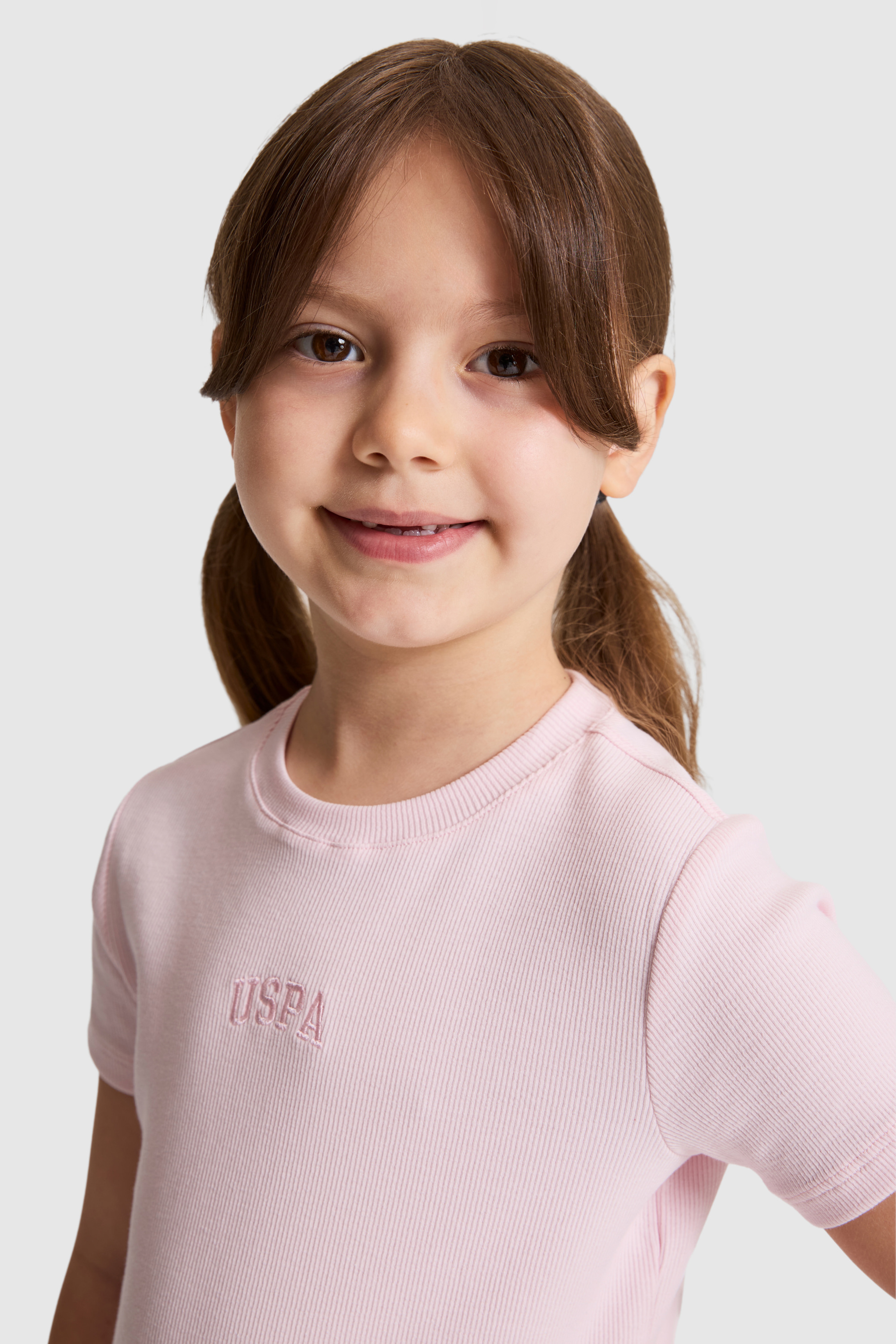 Kız Çocuk Açık Pembe Bisiklet Yaka Basic Tişört