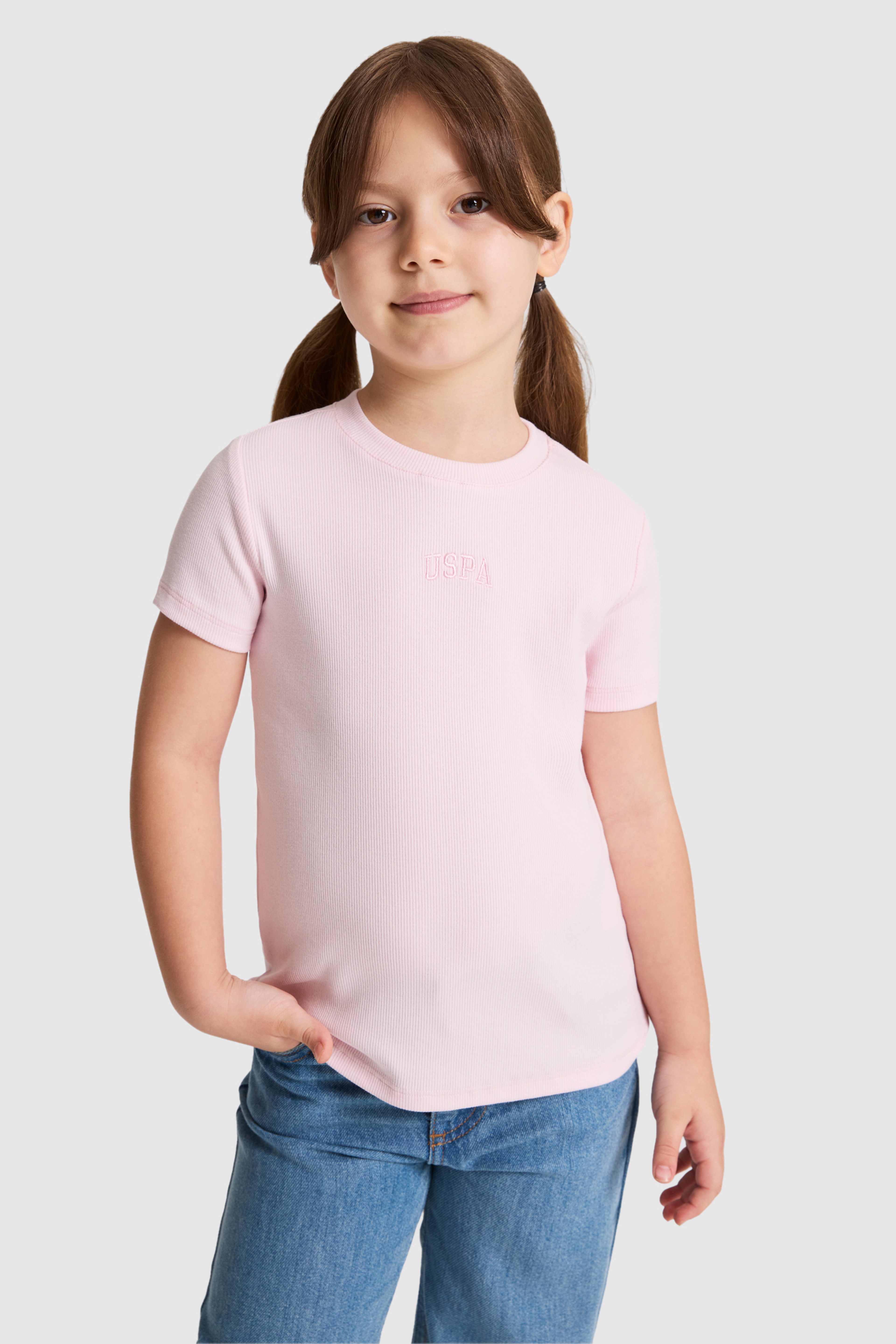 Kız Çocuk Açık Pembe Bisiklet Yaka Basic Tişört - Image 3