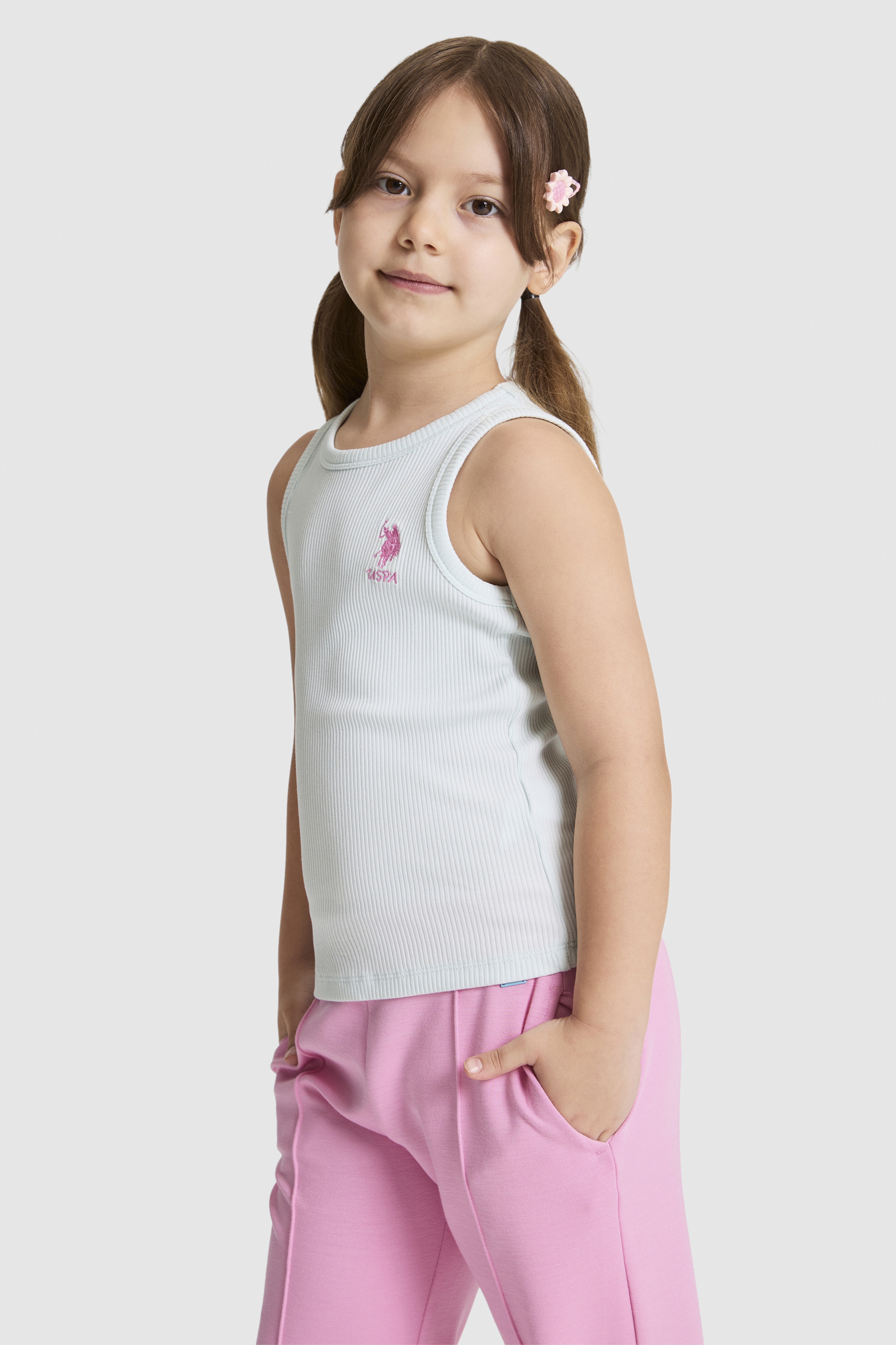 Kız Çocuk Su Yeşili Bisiklet Yaka Basic Tişört - Image 3