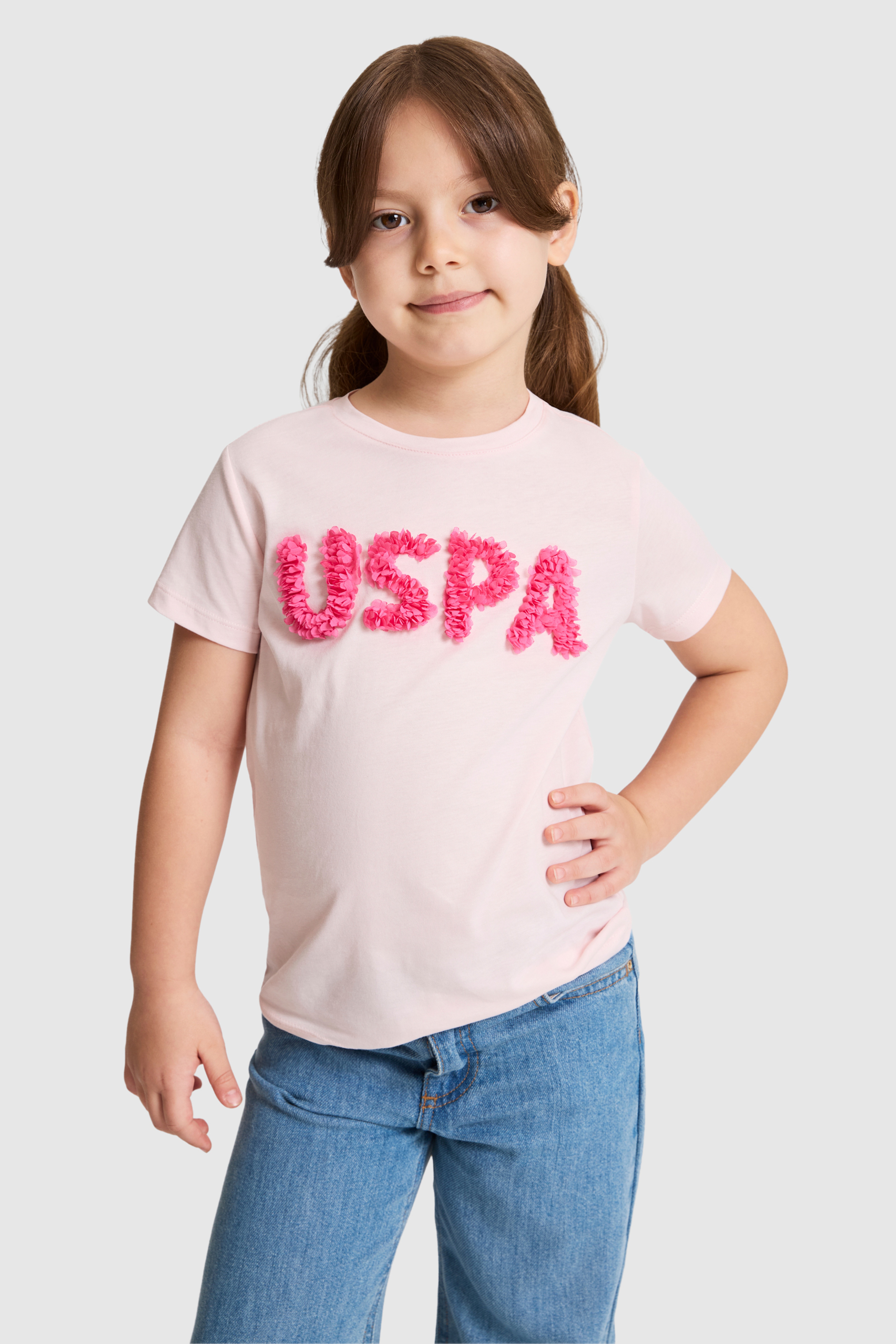 Kız Çocuk Açık Pembe Bisiklet Yaka Tişört - Image 1
