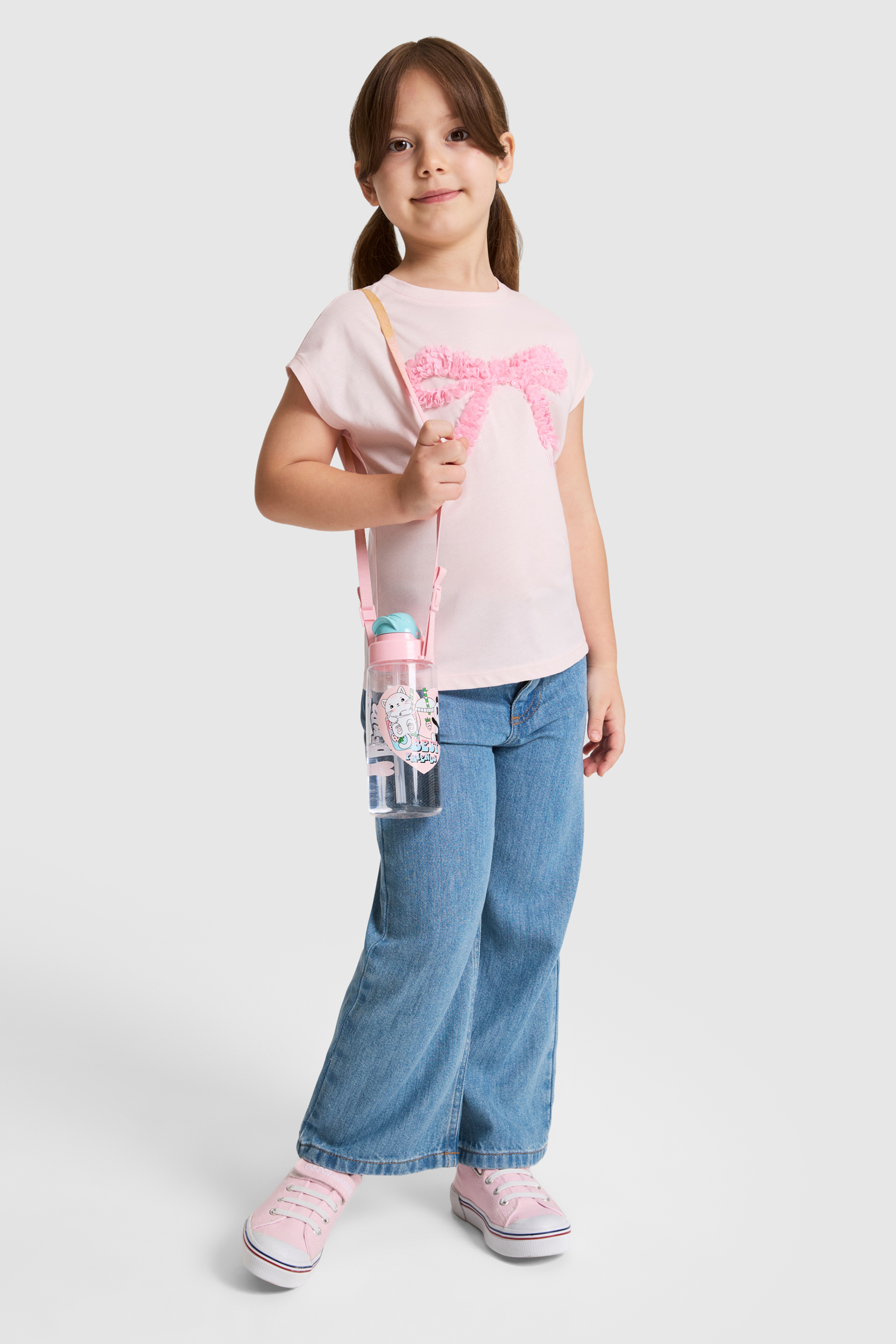 Kız Çocuk Açık Pembe Bisiklet Yaka Tişört