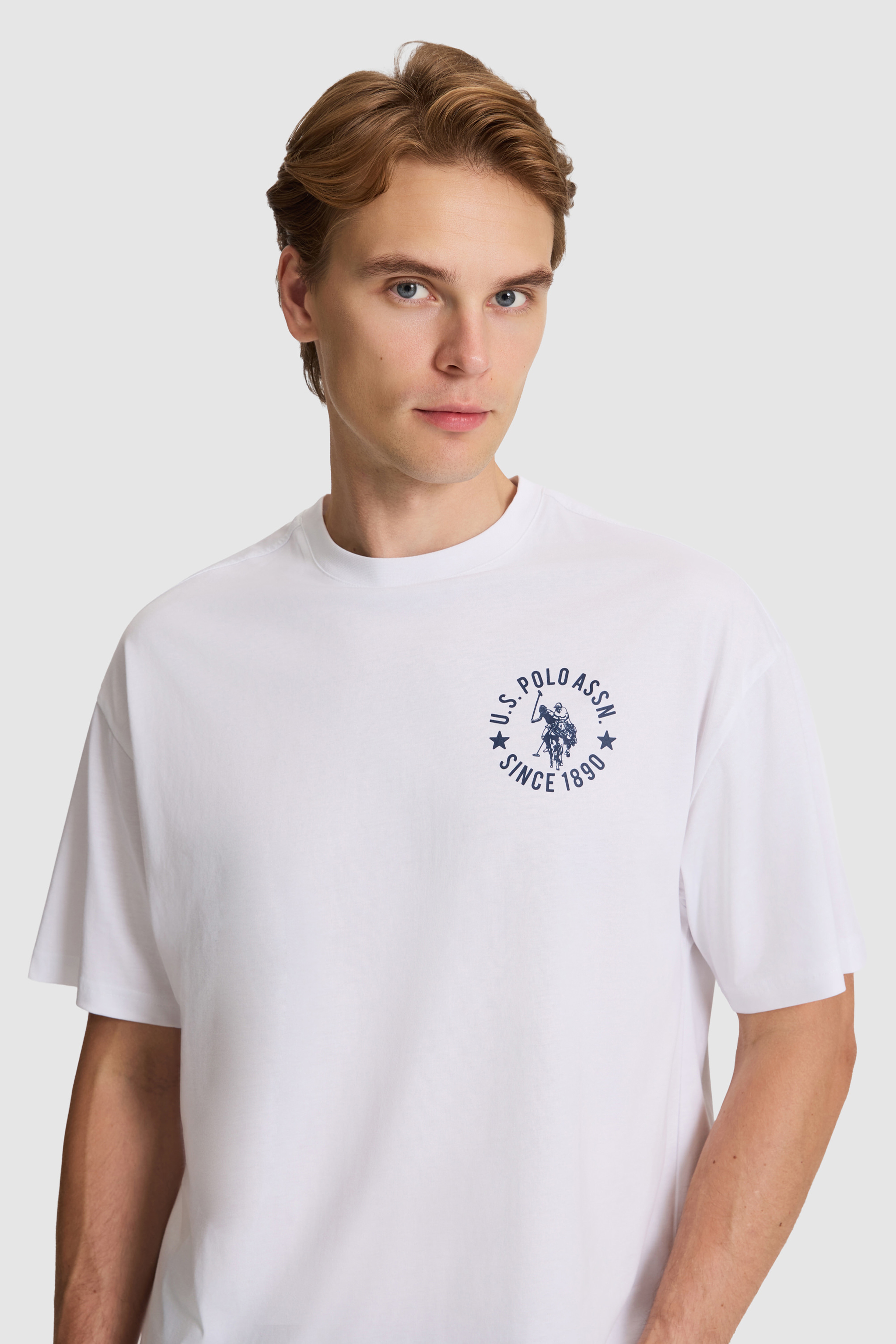 Erkek Beyaz Oversize Fit Bisiklet Yaka Tişört - Image 2
