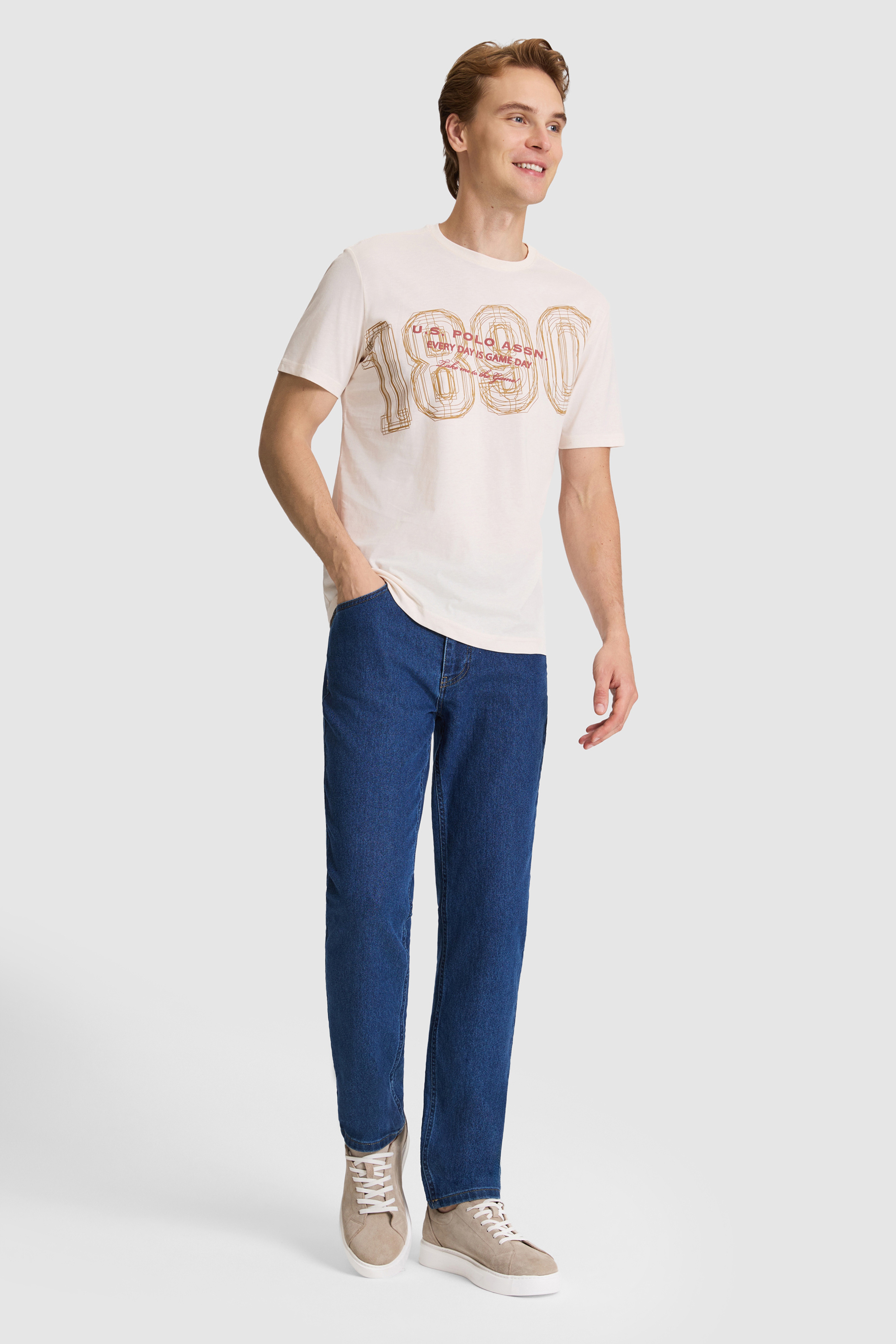 Erkek Krem Regular Fit Bisiklet Yaka Tişört - Image 4