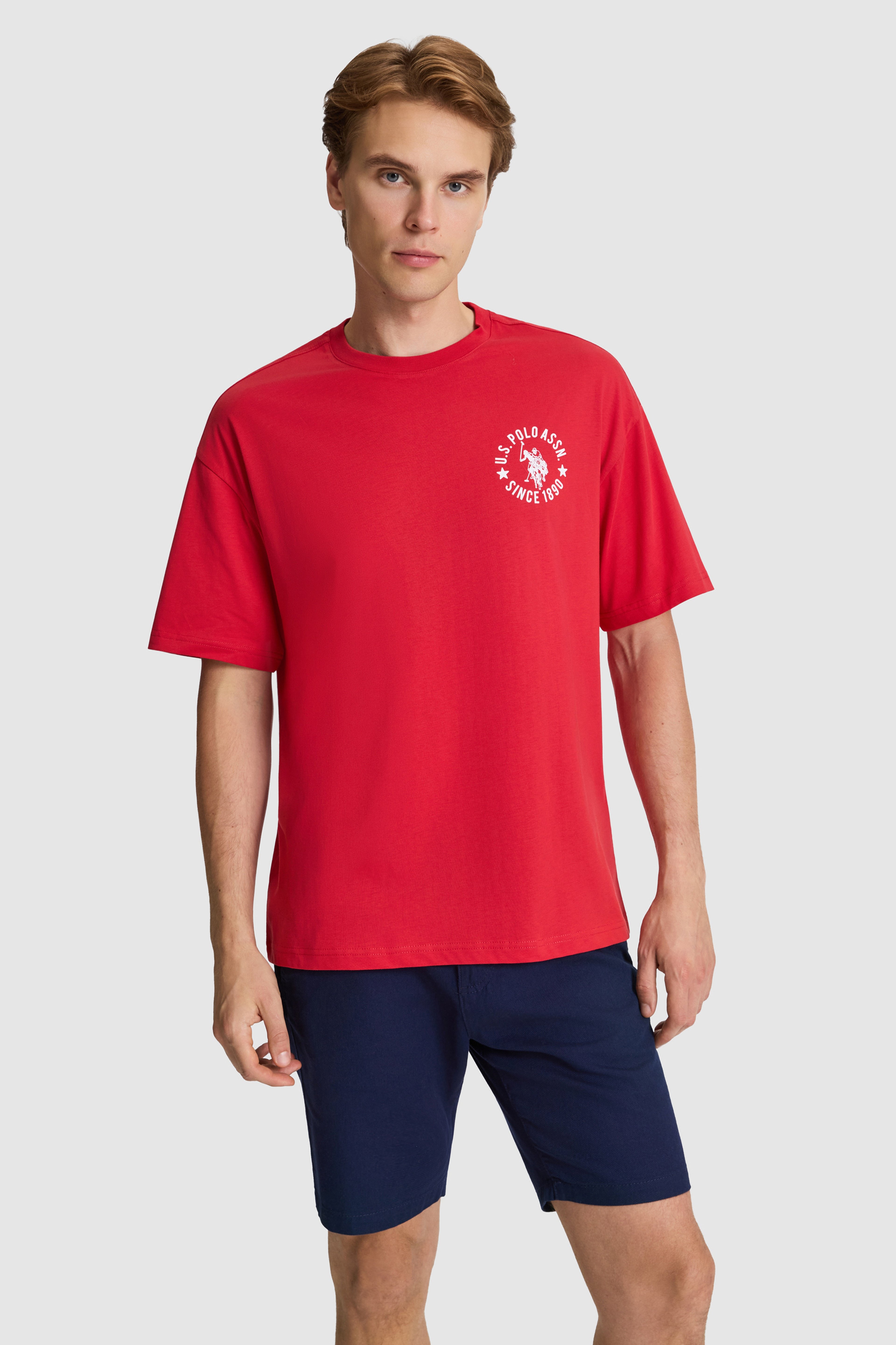 Erkek Kırmızı Oversize Fit Bisiklet Yaka Tişört - Image 1