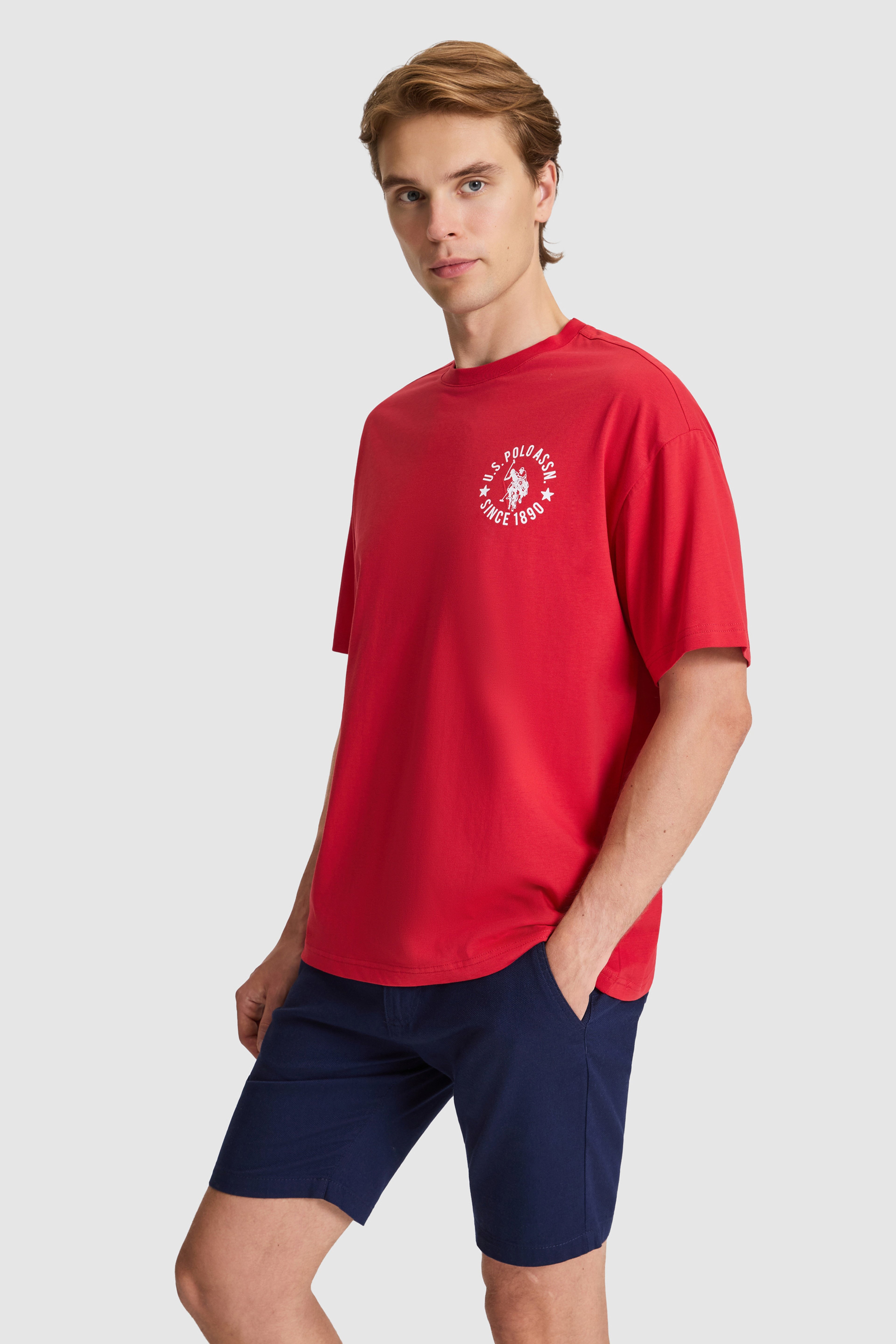 Erkek Kırmızı Oversize Fit Bisiklet Yaka Tişört - Image 3