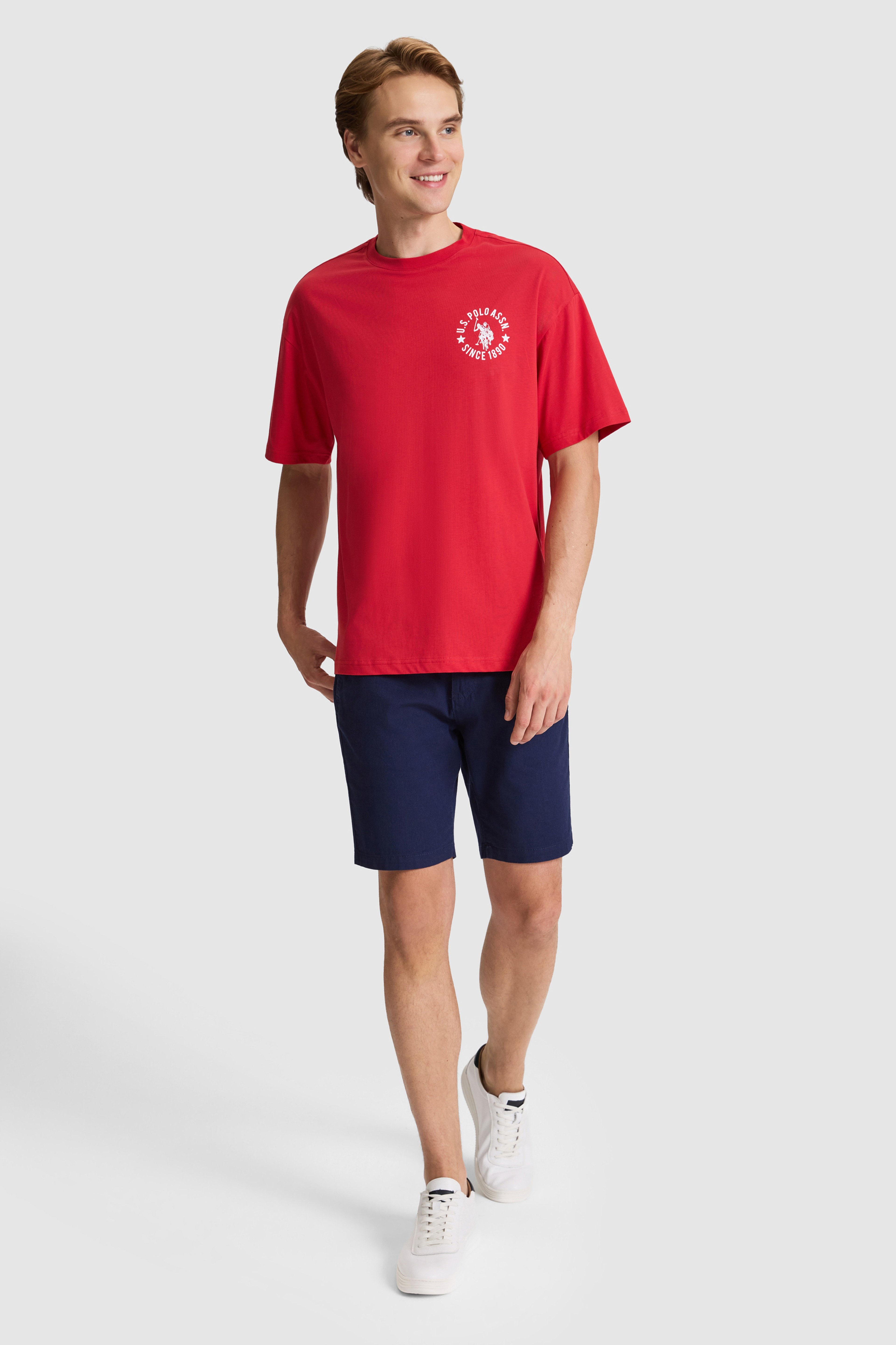 Erkek Kırmızı Oversize Fit Bisiklet Yaka Tişört