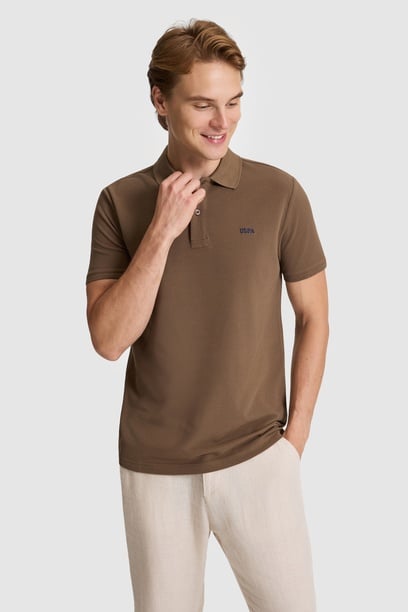 Erkek Kahverengi Regular Fit Polo Yaka Basic Tişört