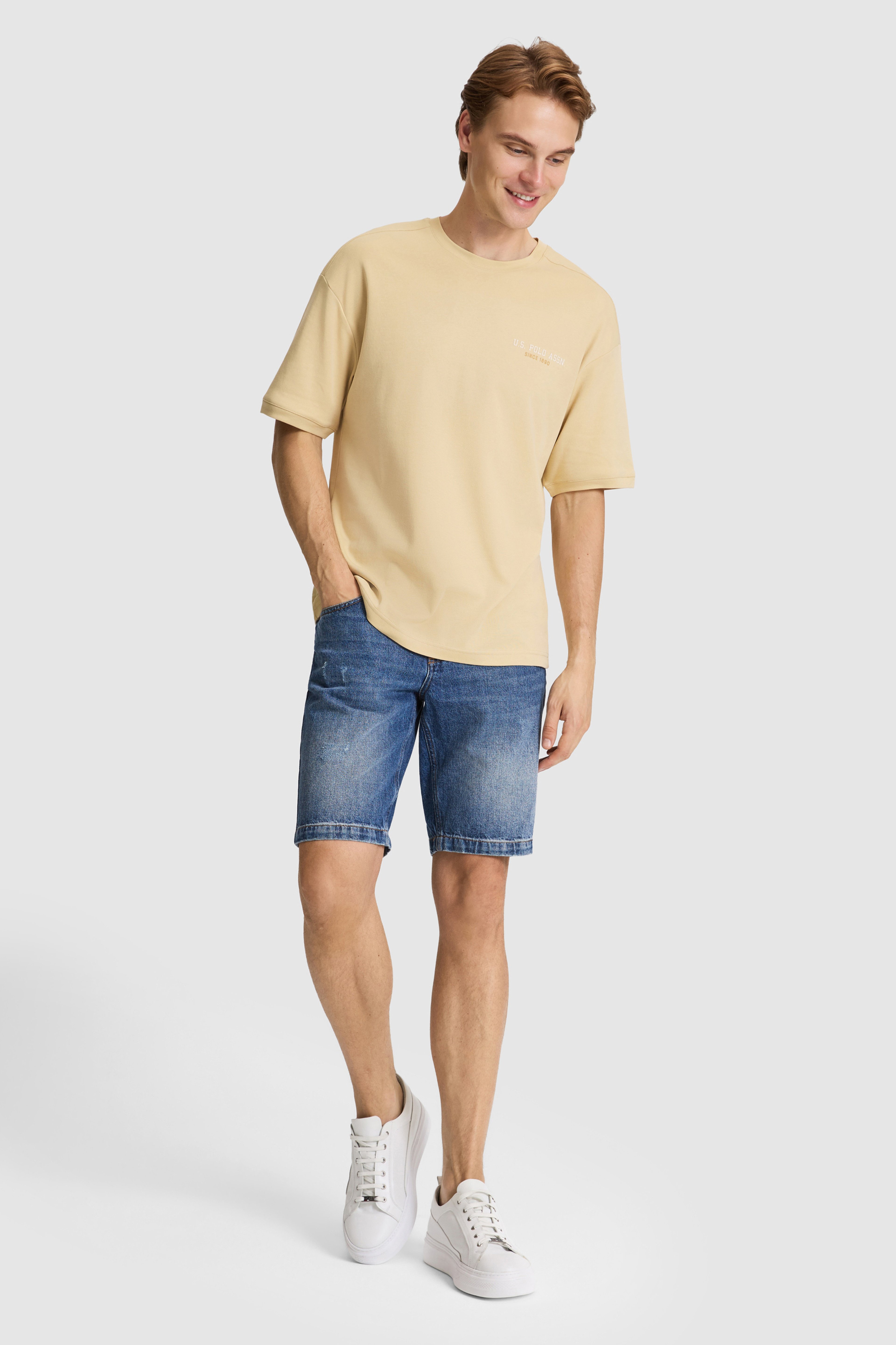 Erkek Bej Comfort Fit Bisiklet Yaka Tişört - Image 4