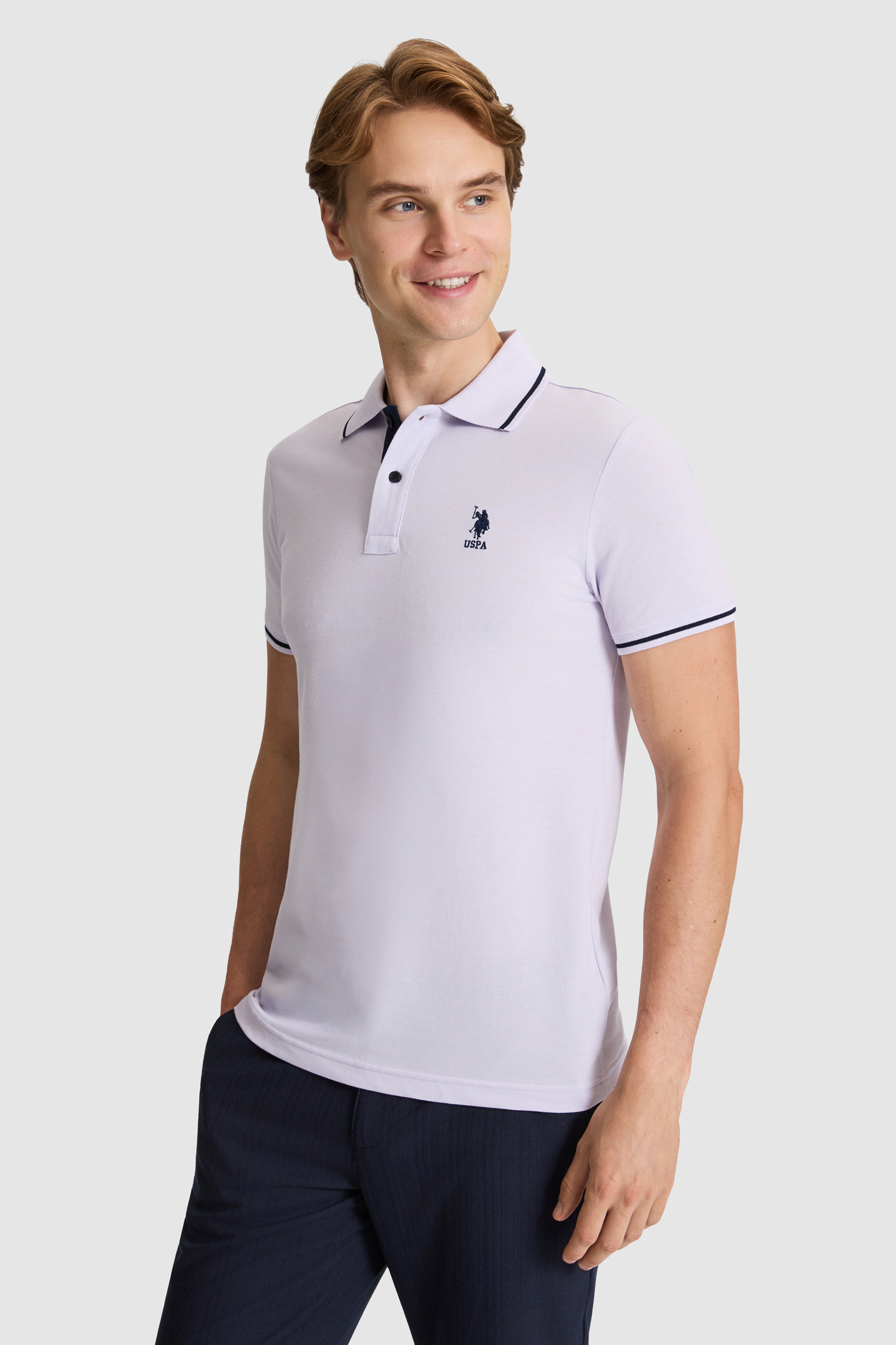 Erkek Lila Slim Fit Polo Yaka Basic Tişört