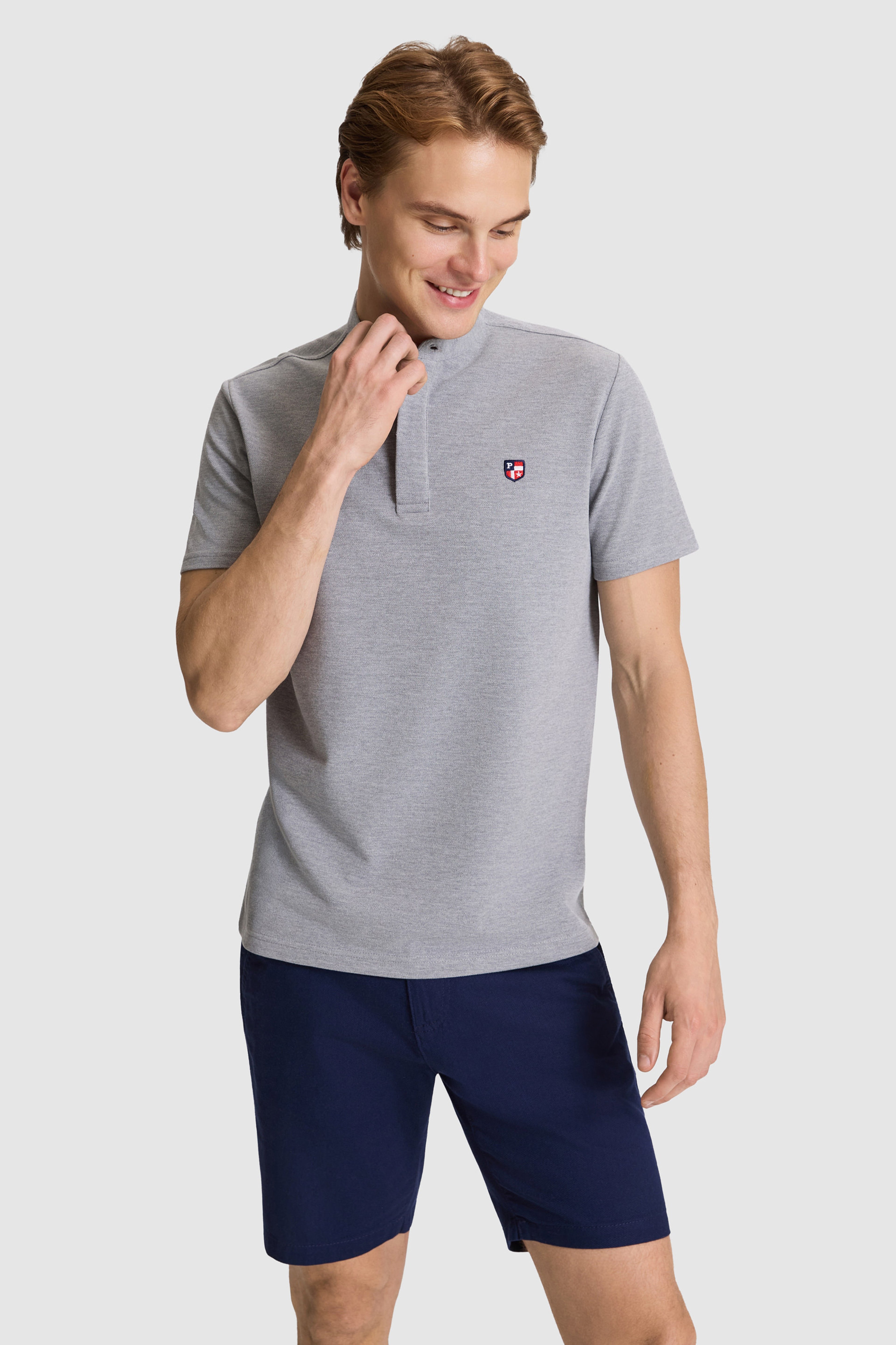 Erkek Gri Melanj Regular Fit Hakim Yaka Basic Tişört