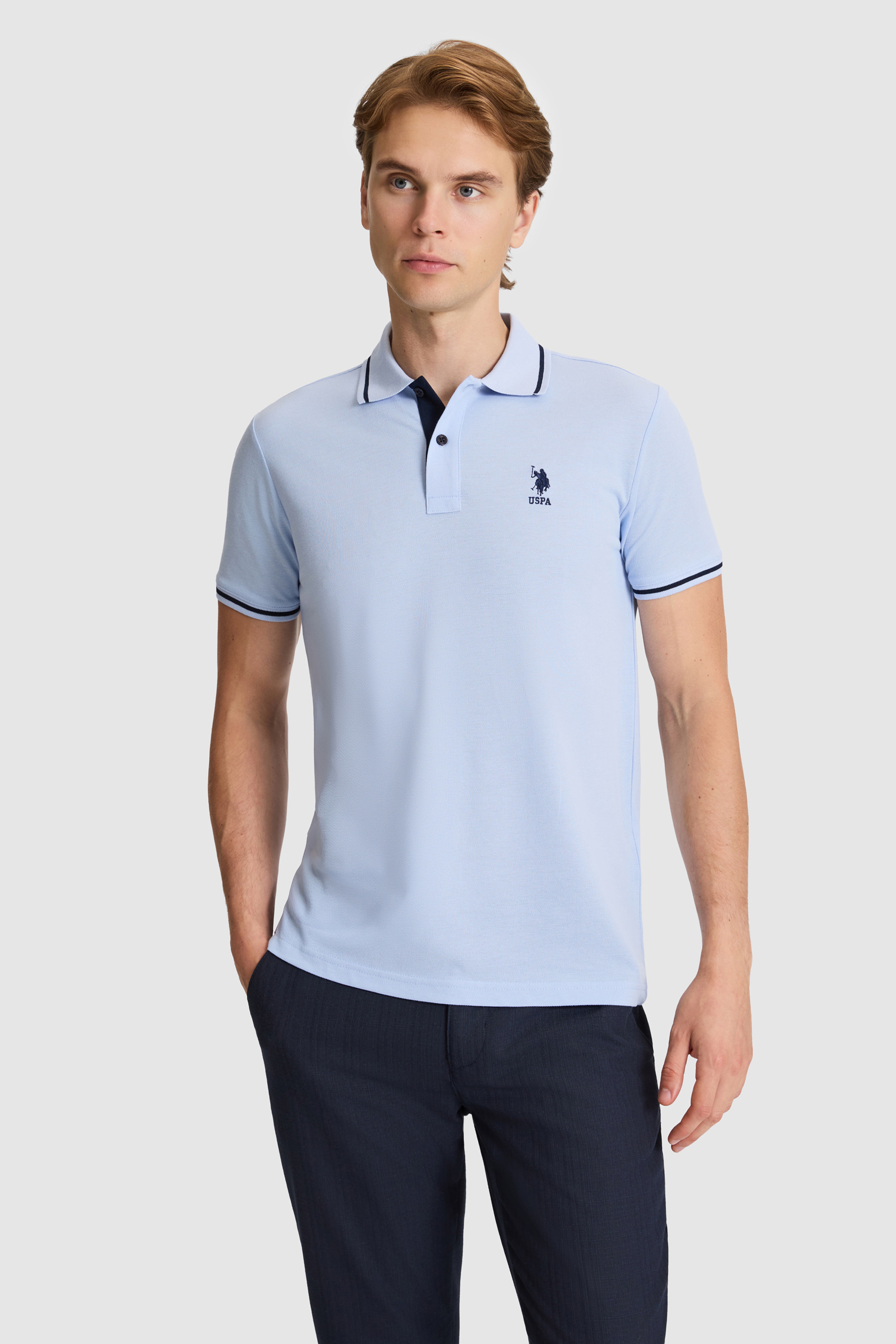Erkek Açık Mavi Slim Fit Polo Yaka Basic Tişört