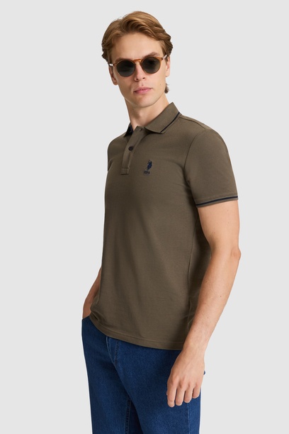 Erkek Koyu Haki Slim Fit Polo Yaka Basic Tişört