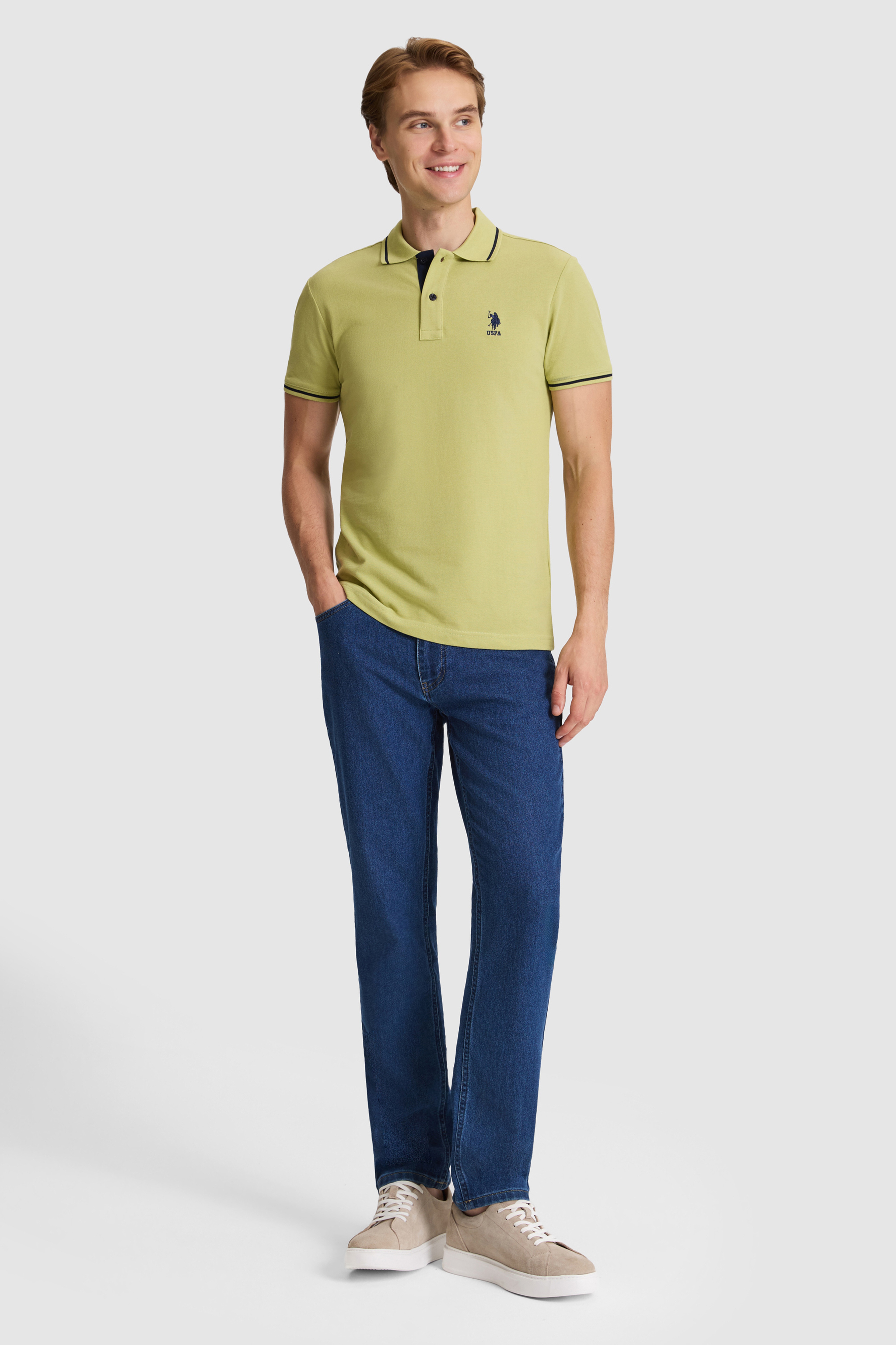 Erkek Yeşil Slim Fit Polo Yaka Basic Tişört