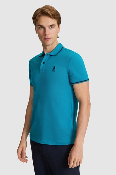 Erkek Petrol Slim Fit Polo Yaka Basic Tişört