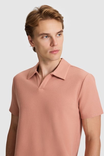 Erkek Pudra Regular Fit Polo Yaka Tişört
