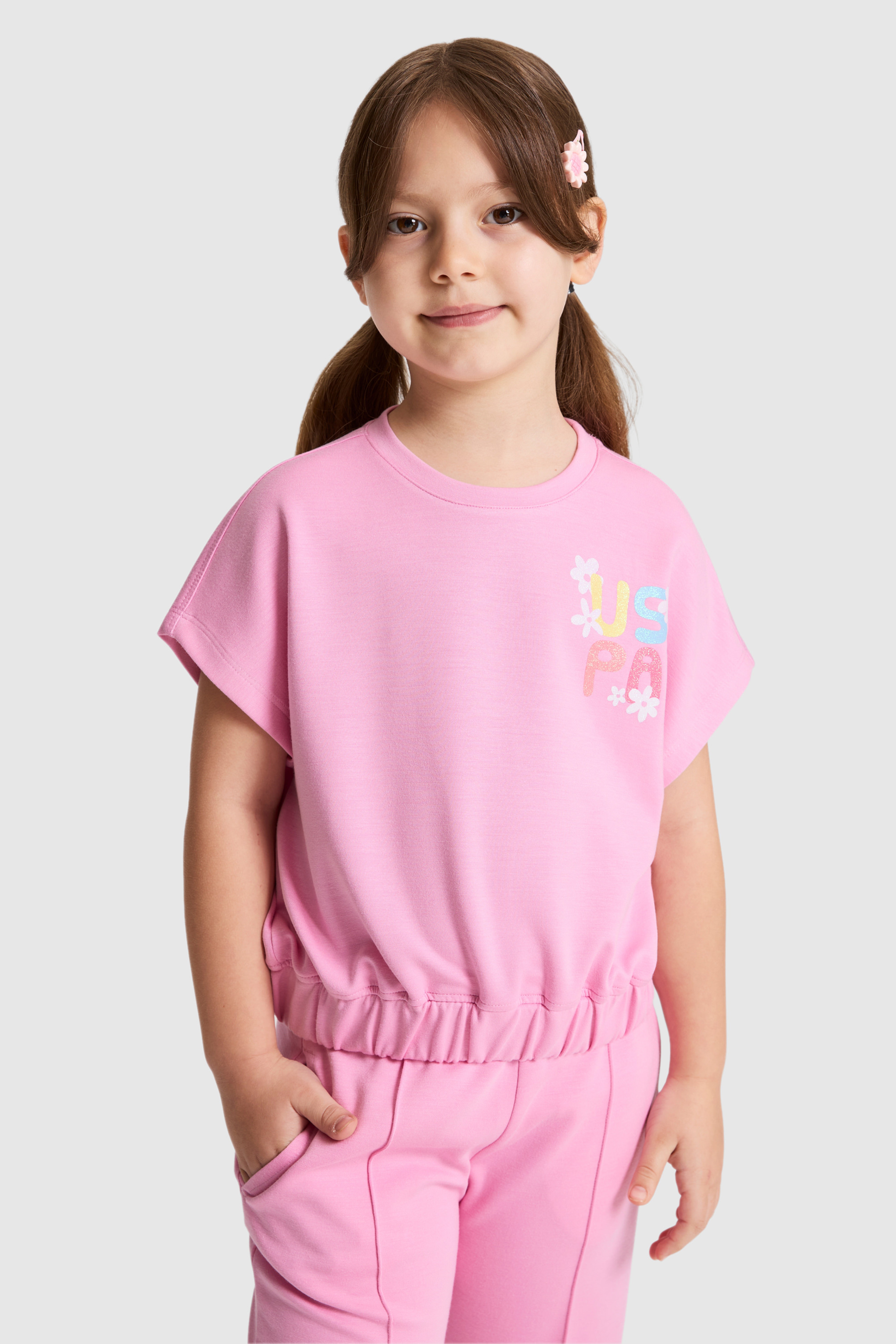 Kız Çocuk Pembe Bisiklet Yaka Tişört - Image 3