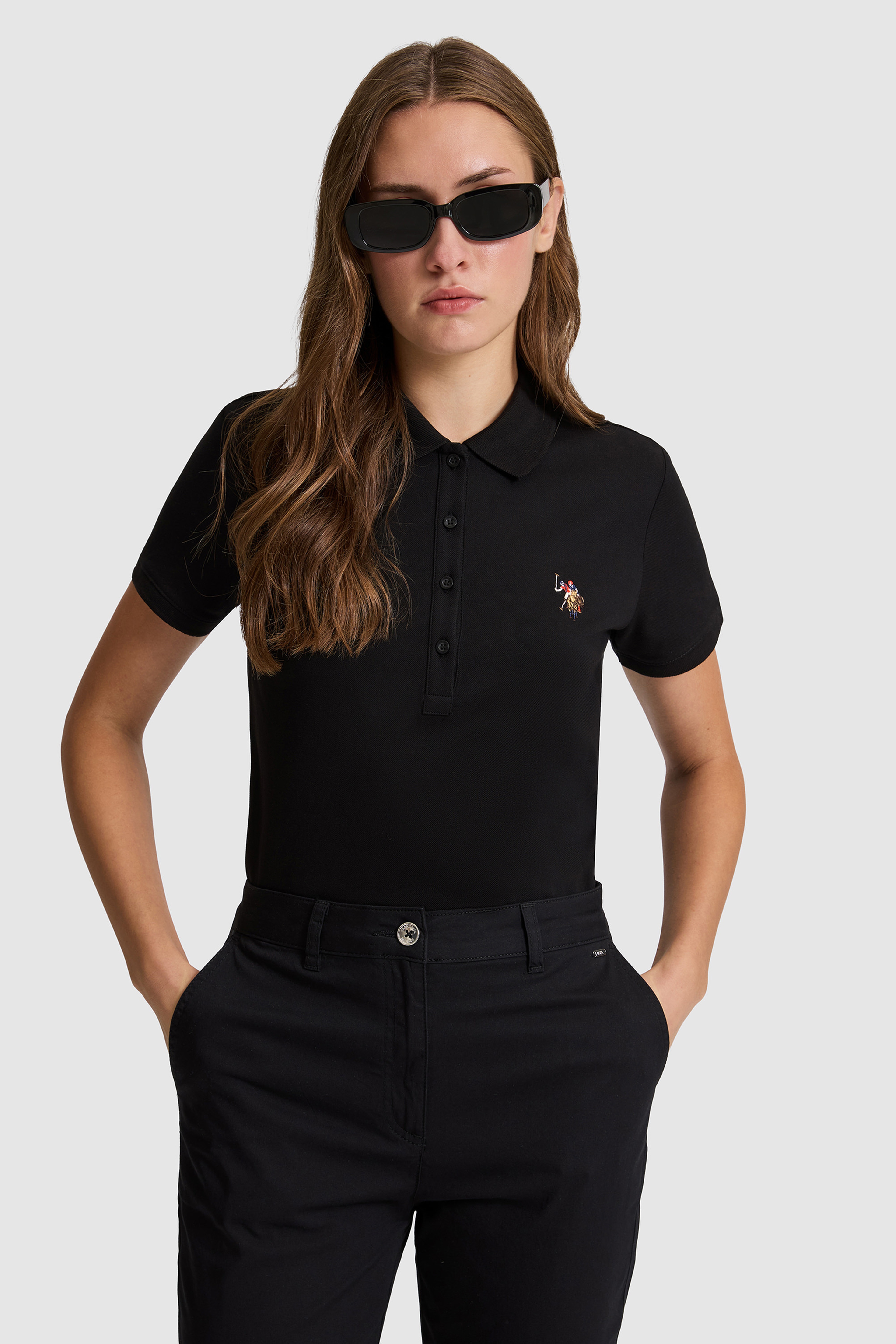 Kadın Siyah Polo Yaka Basic Tişört - Image 3
