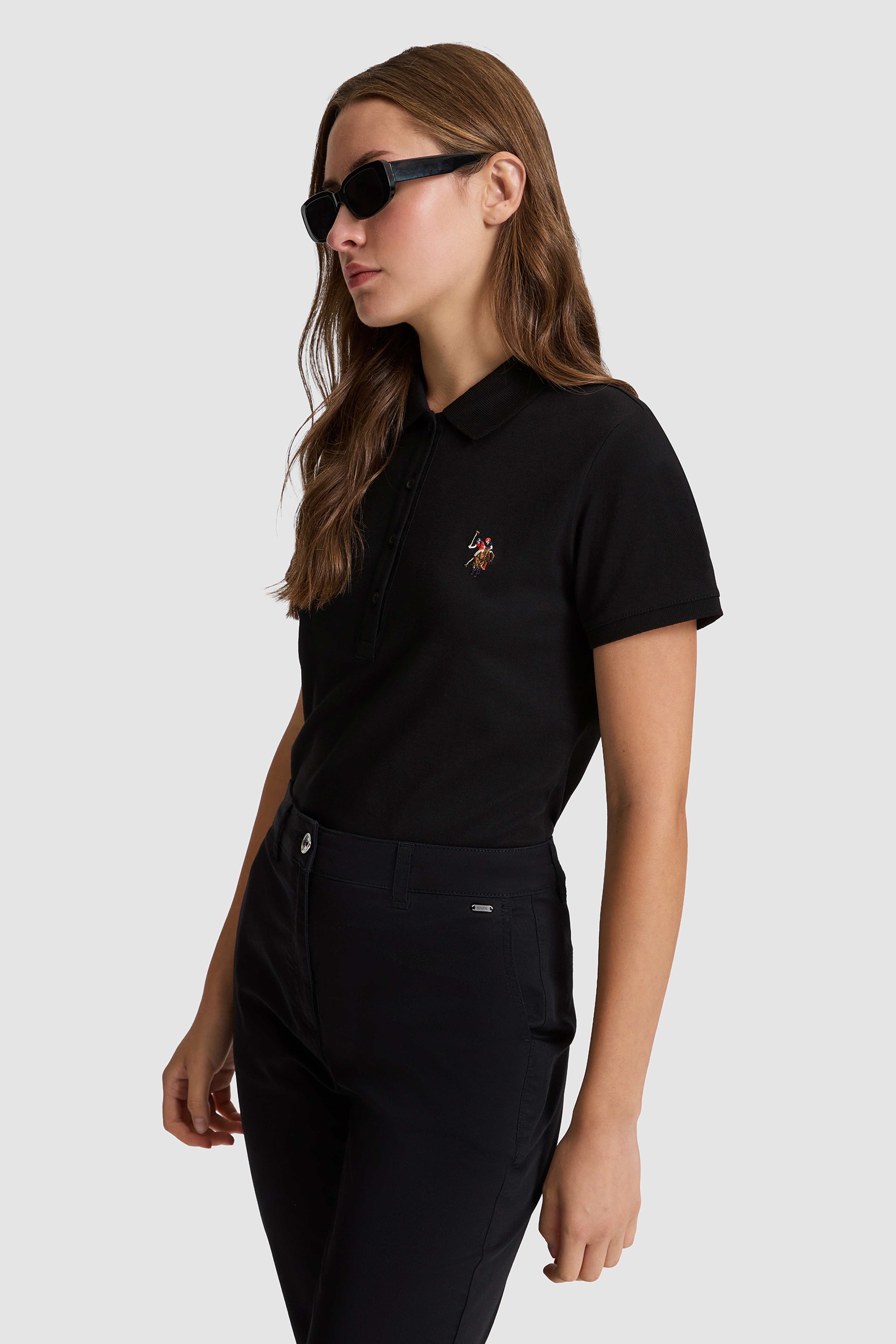 Kadın Siyah Polo Yaka Basic Tişört - Image 4