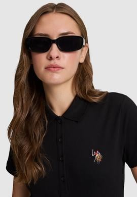 Kadın Siyah Polo Yaka Basic Tişört - 50323575039