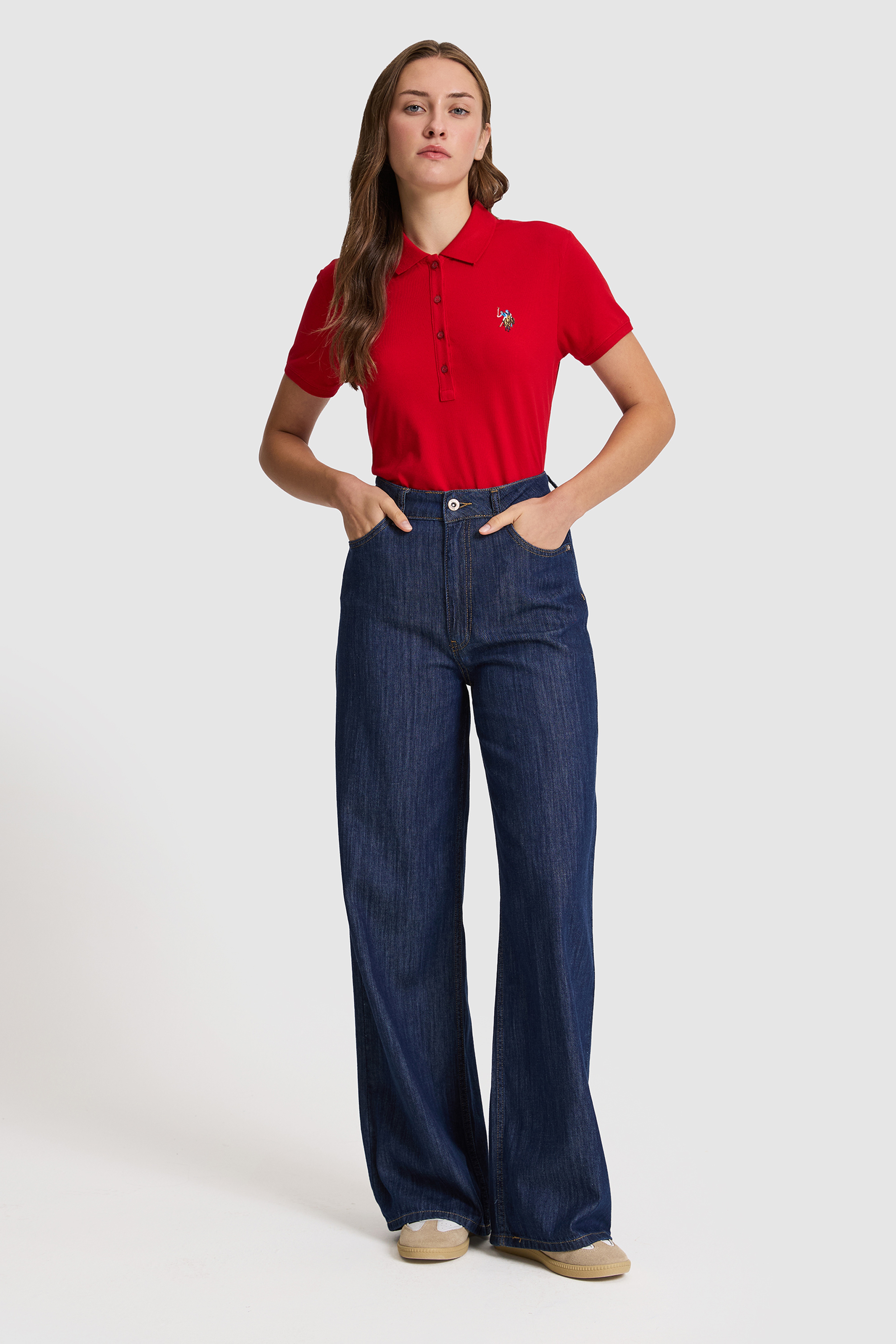 Kadın Kırmızı Polo Yaka Basic Tişört - Image 4