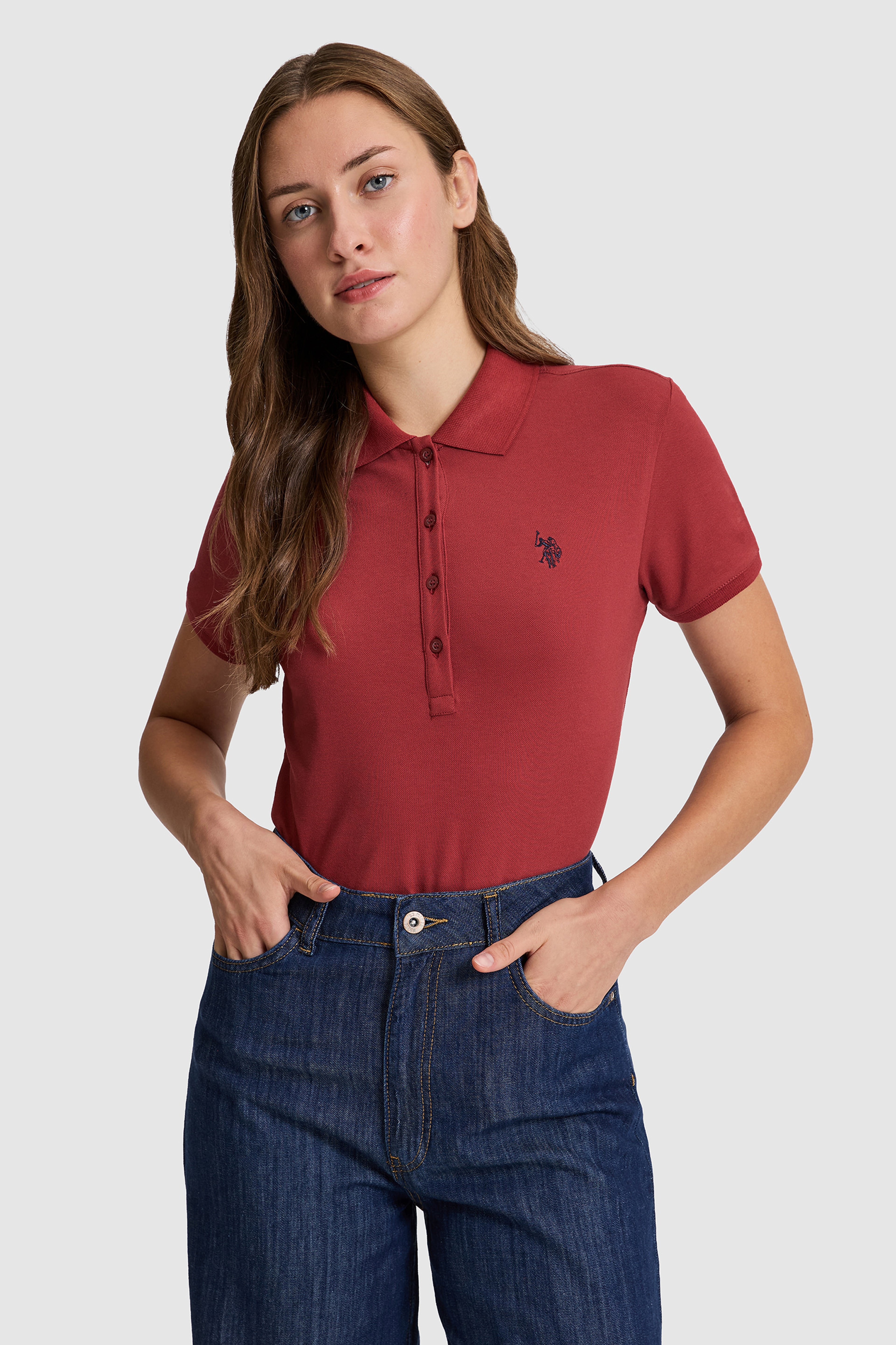 Kadın Vişne Polo Yaka Basic Tişört - Image 1