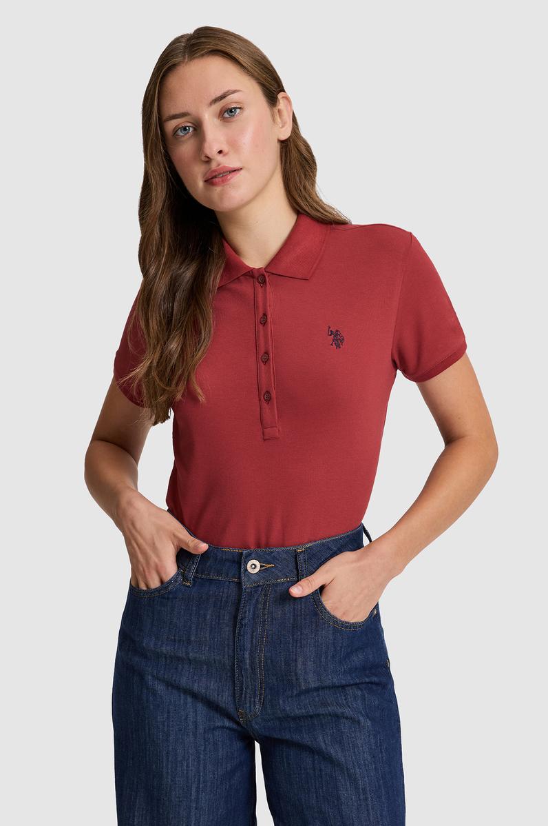 Kadın Vişne Polo Yaka Basic Tişört