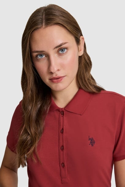 Kadın Vişne Polo Yaka Basic Tişört