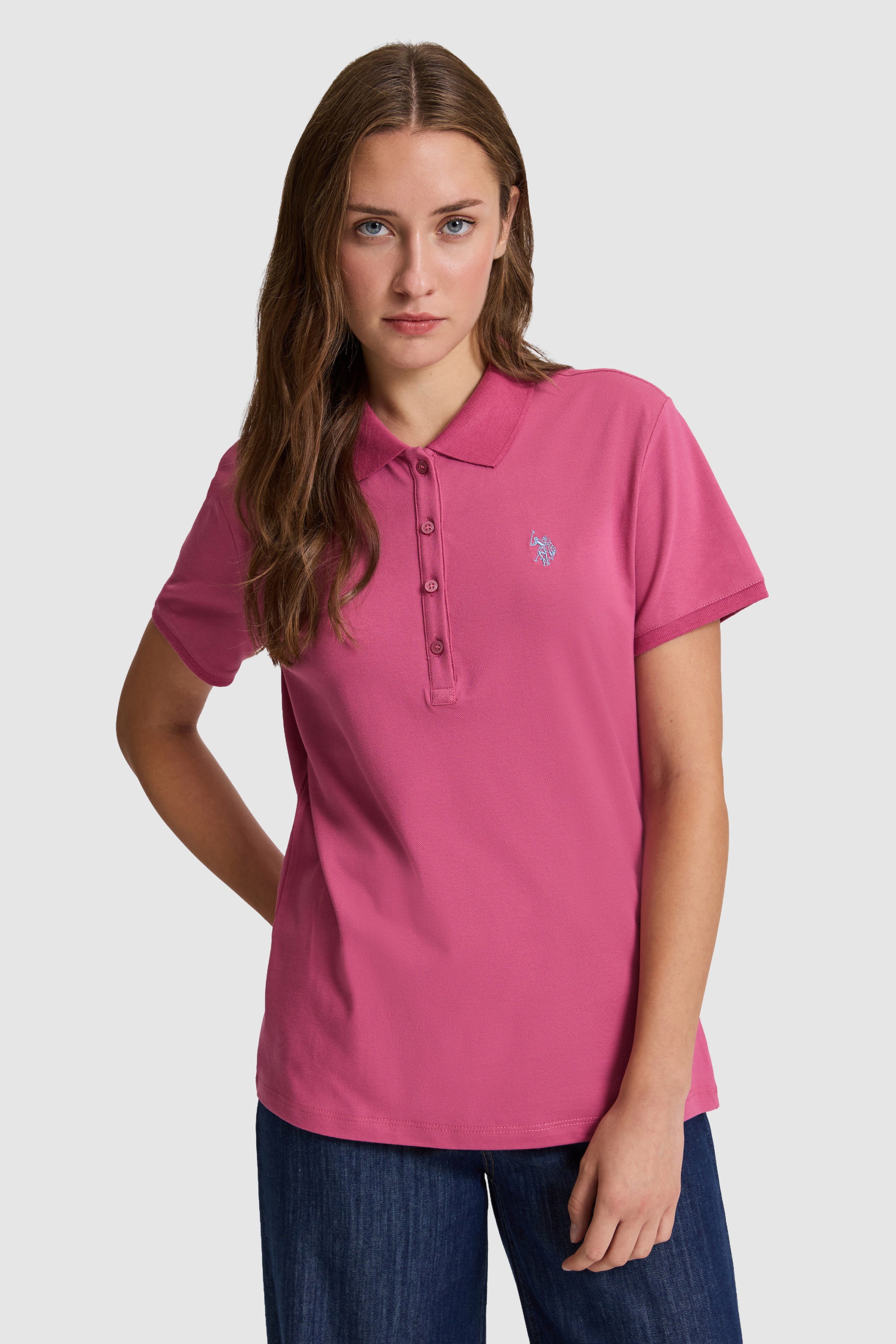 Kadın Fuşya Polo Yaka Basic Tişört - Image 1
