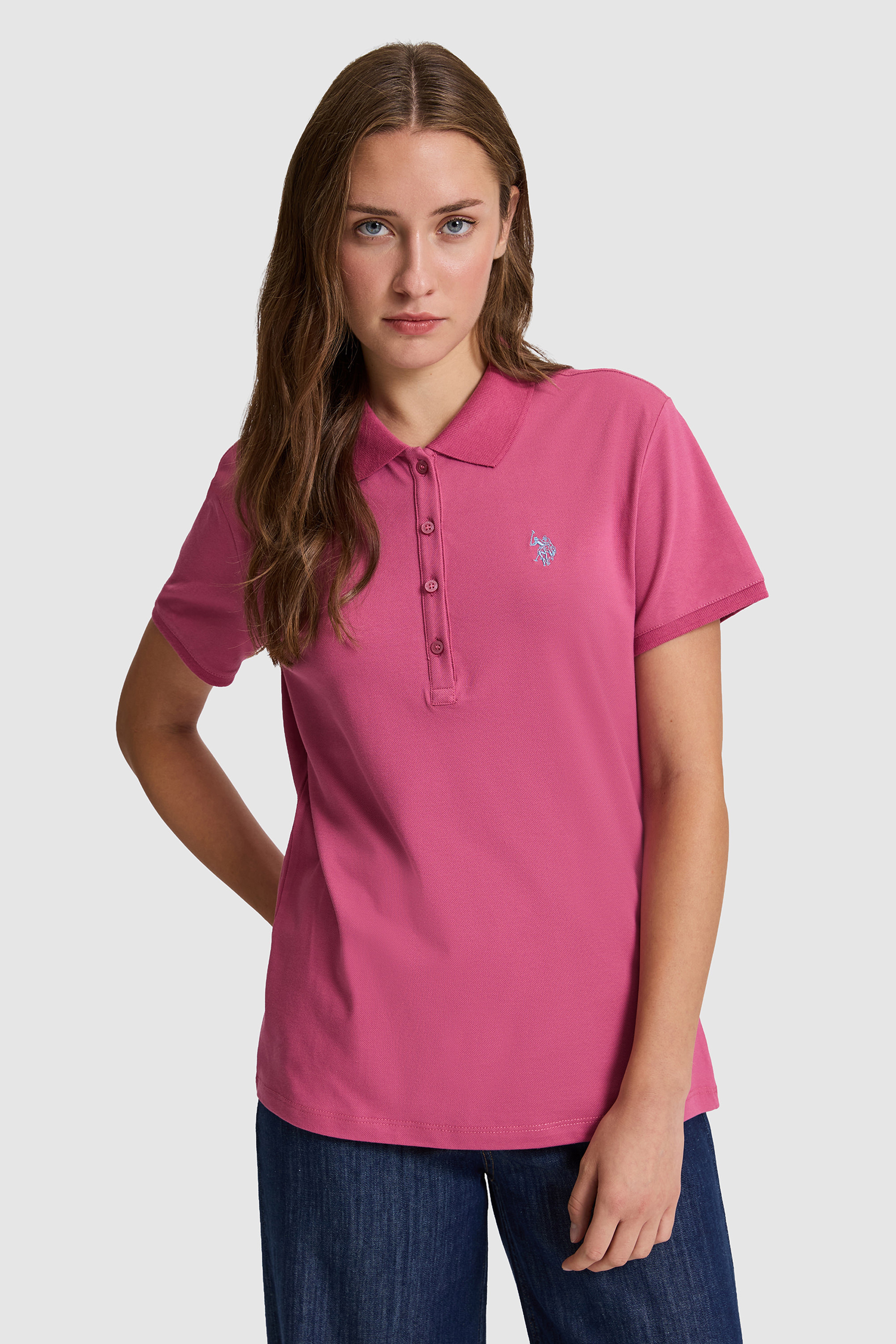 Kadın Fuşya Polo Yaka Basic Tişört