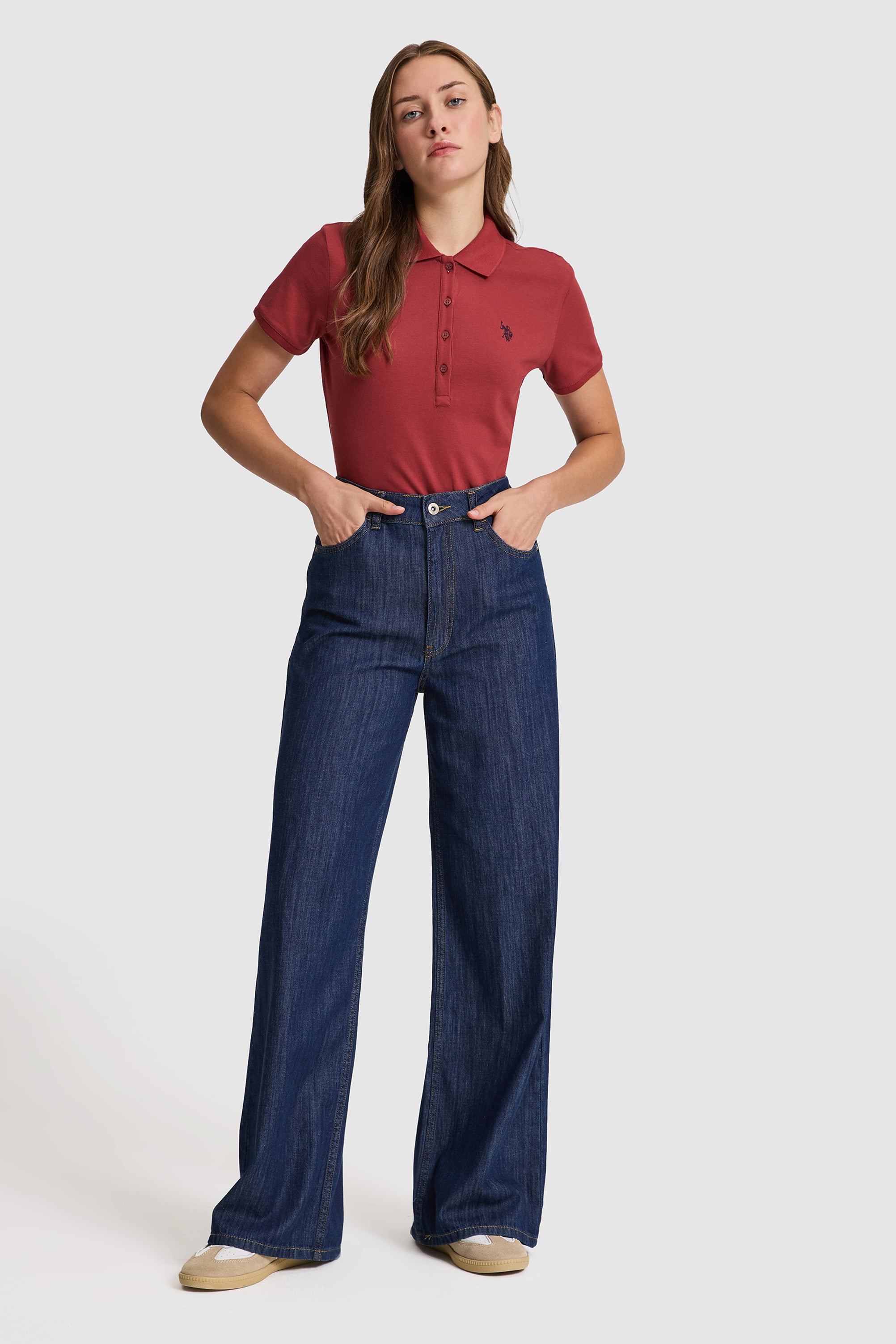 Kadın Vişne Polo Yaka Basic Tişört